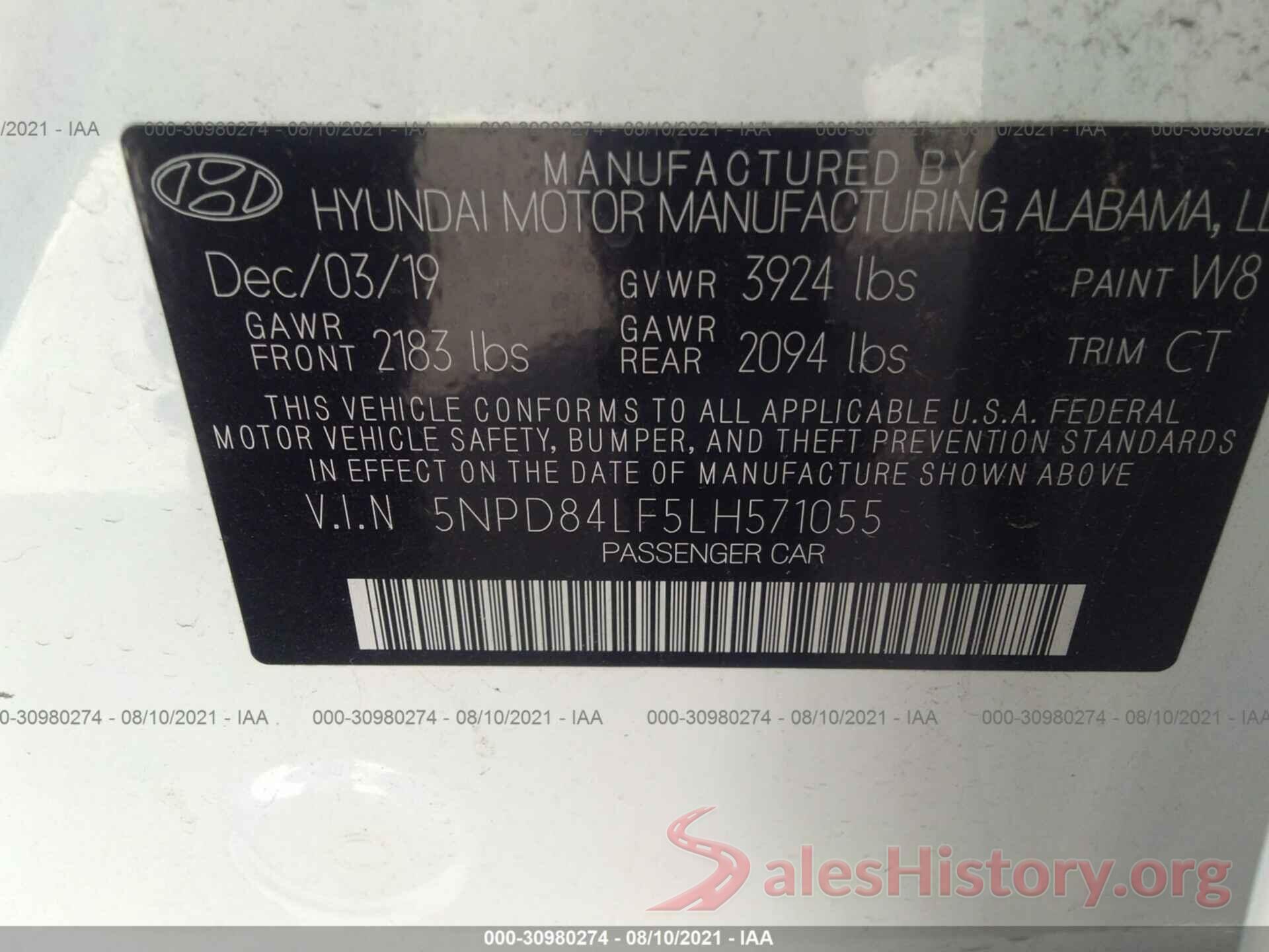 5NPD84LF5LH571055 2020 HYUNDAI ELANTRA