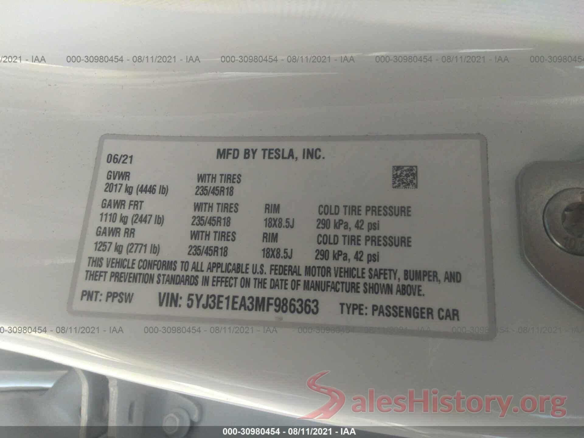 5YJ3E1EA3MF986363 2021 TESLA MODEL 3