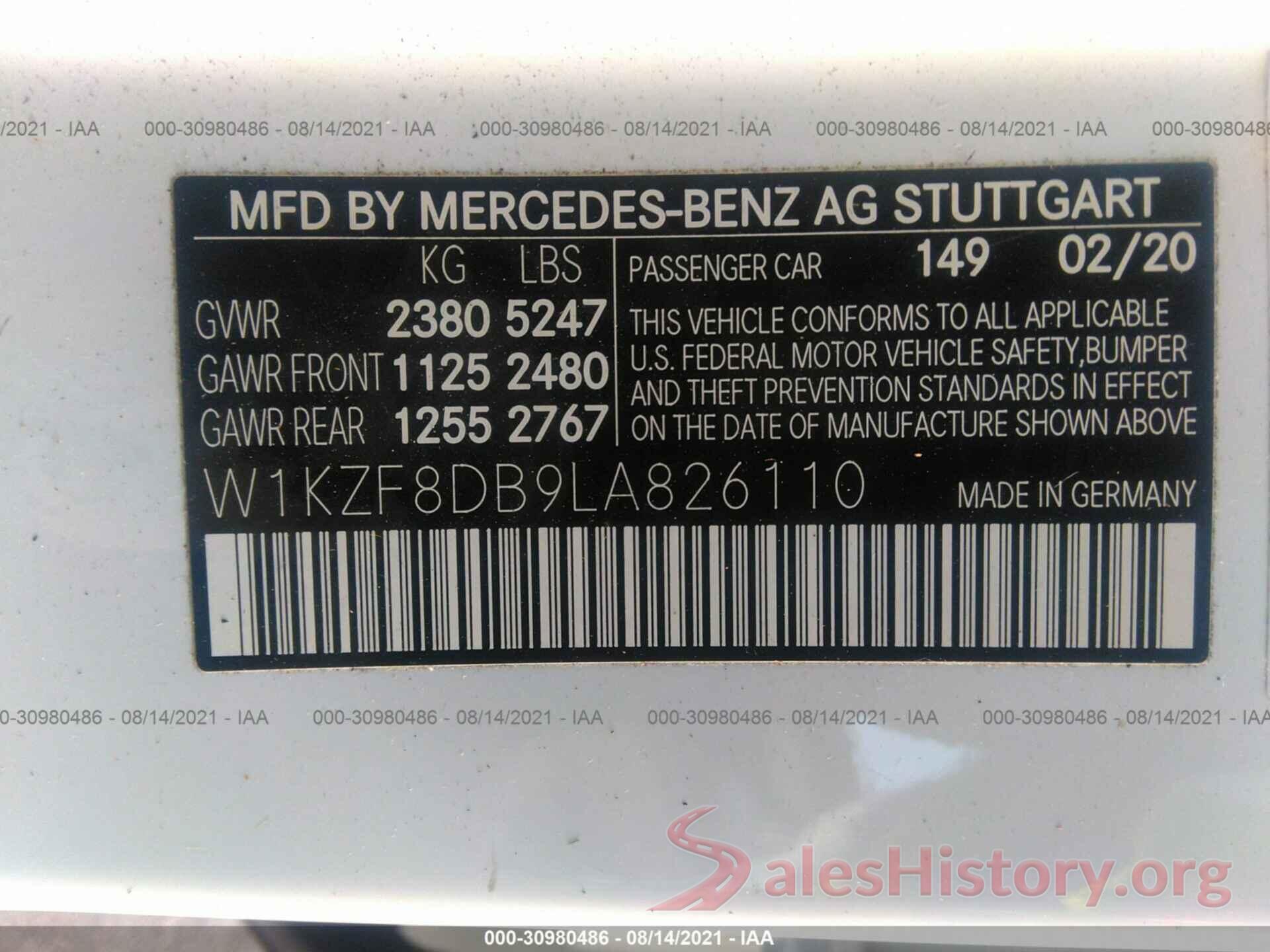 W1KZF8DB9LA826110 2020 MERCEDES-BENZ E-CLASS