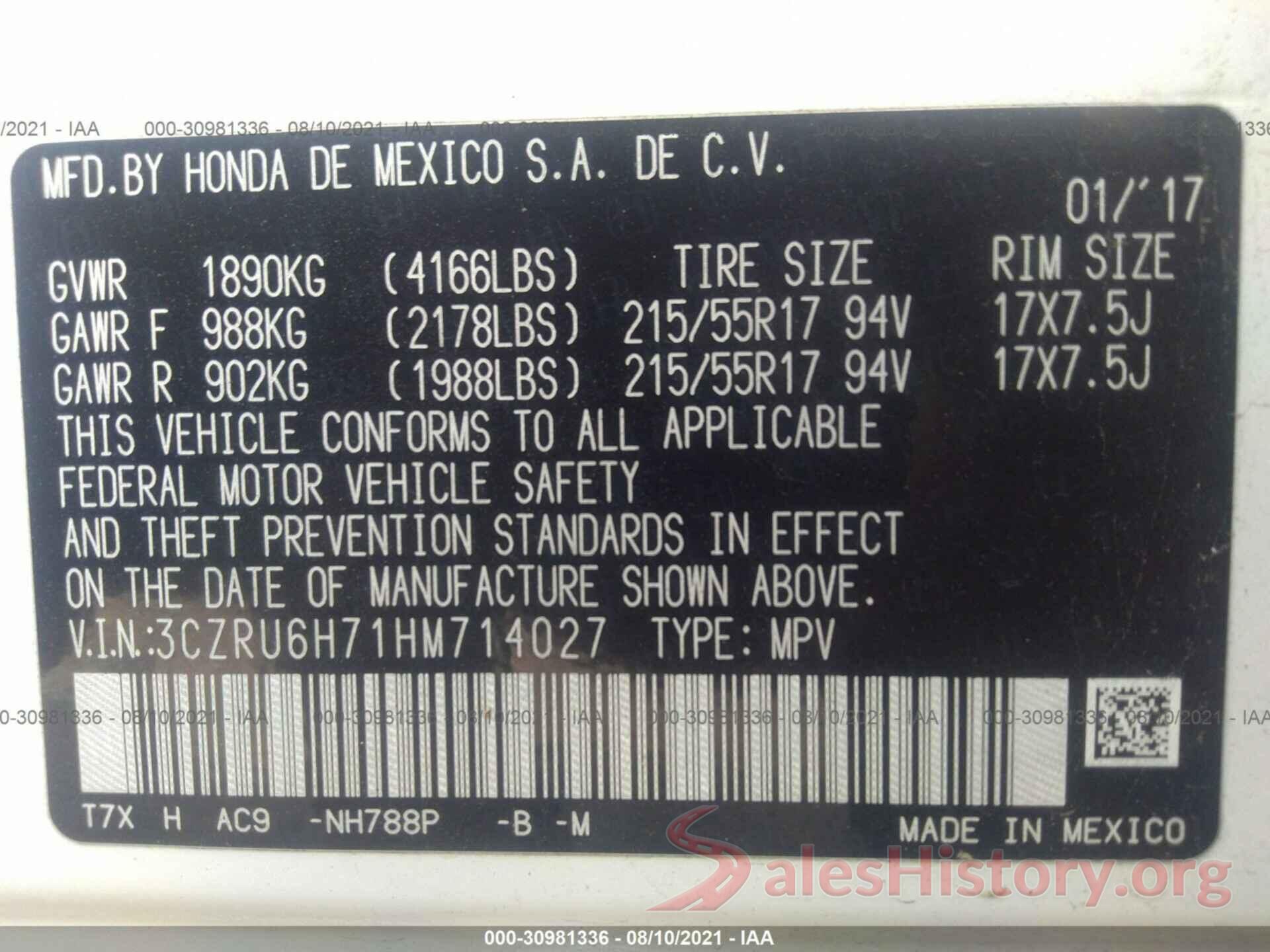 3CZRU6H71HM714027 2017 HONDA HR-V