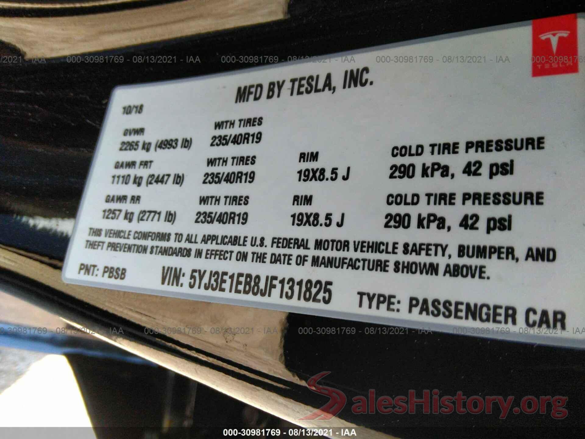 5YJ3E1EB8JF131825 2018 TESLA MODEL 3