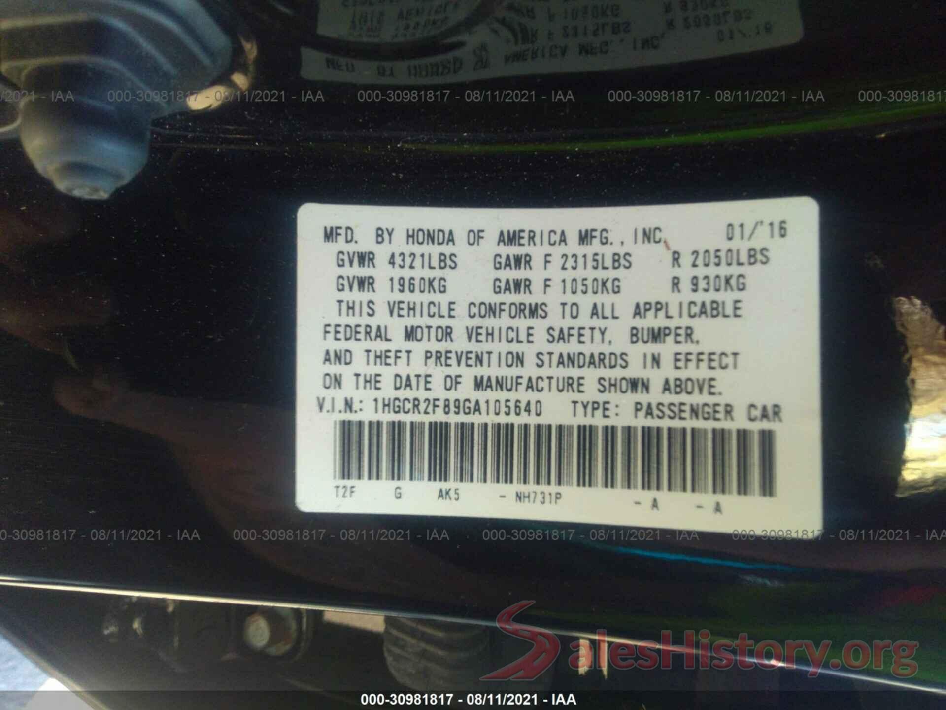 1HGCR2F89GA105640 2016 HONDA ACCORD SEDAN