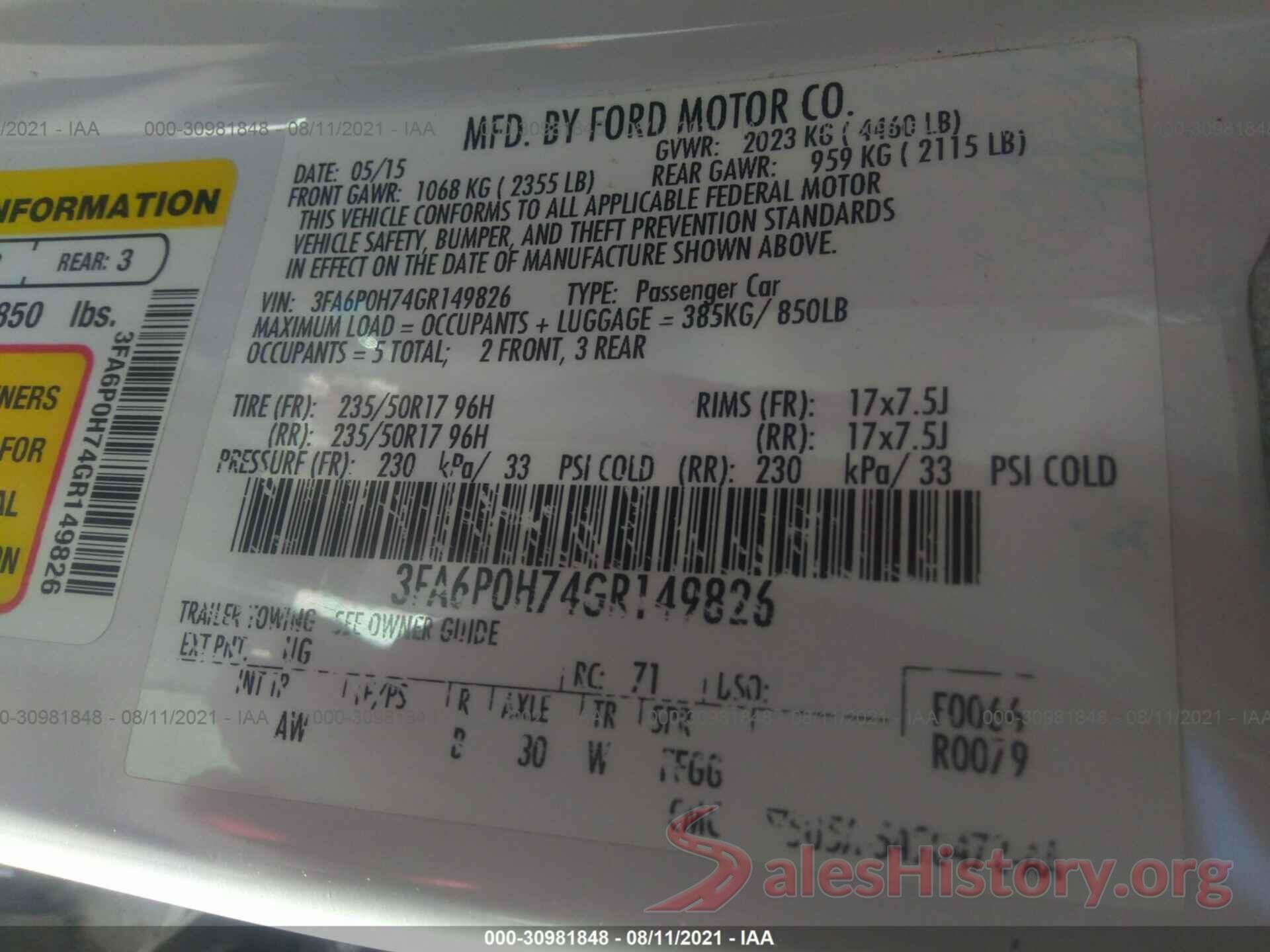 3FA6P0H74GR149826 2016 FORD FUSION