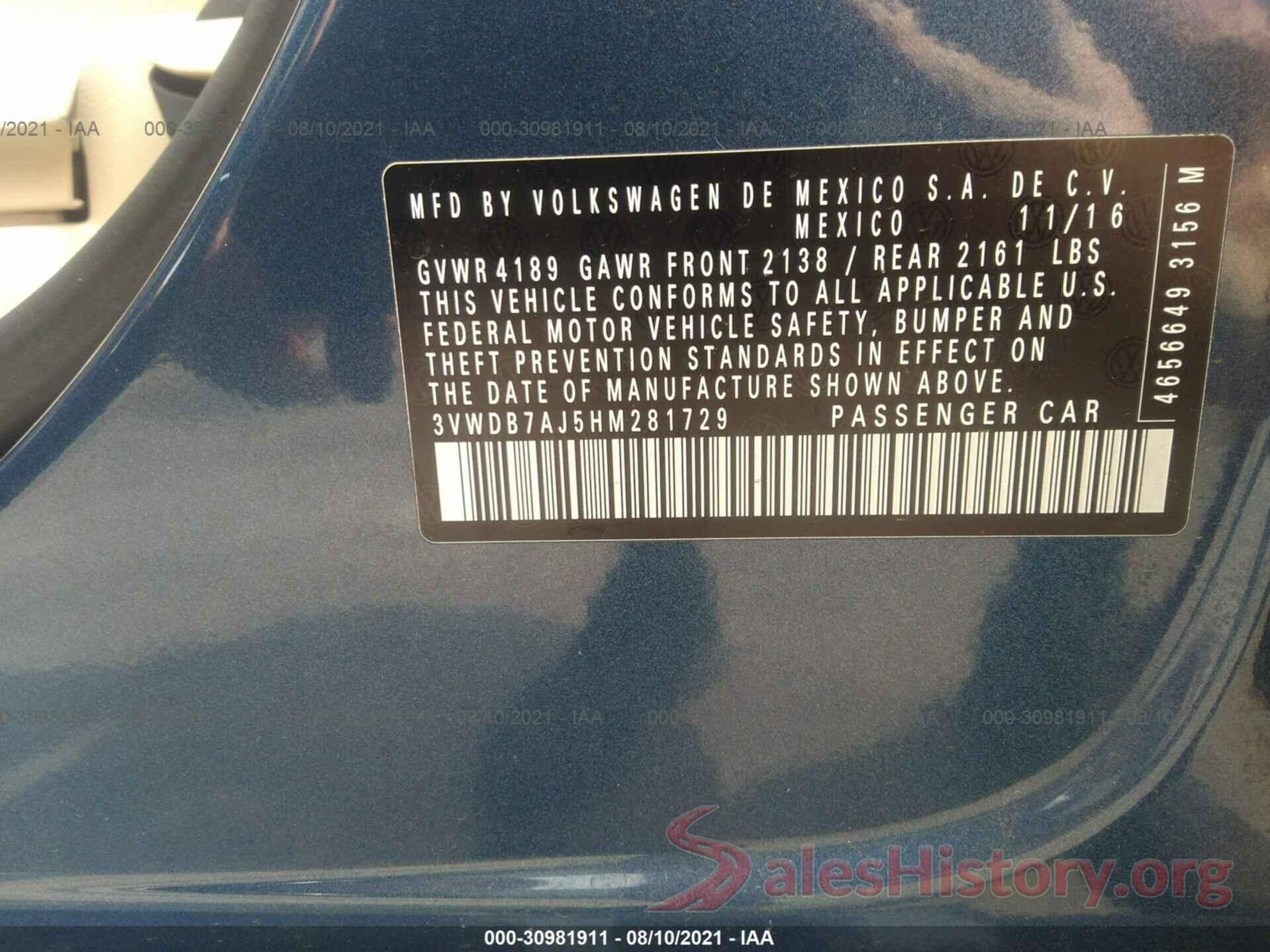 3VWDB7AJ5HM281729 2017 VOLKSWAGEN JETTA