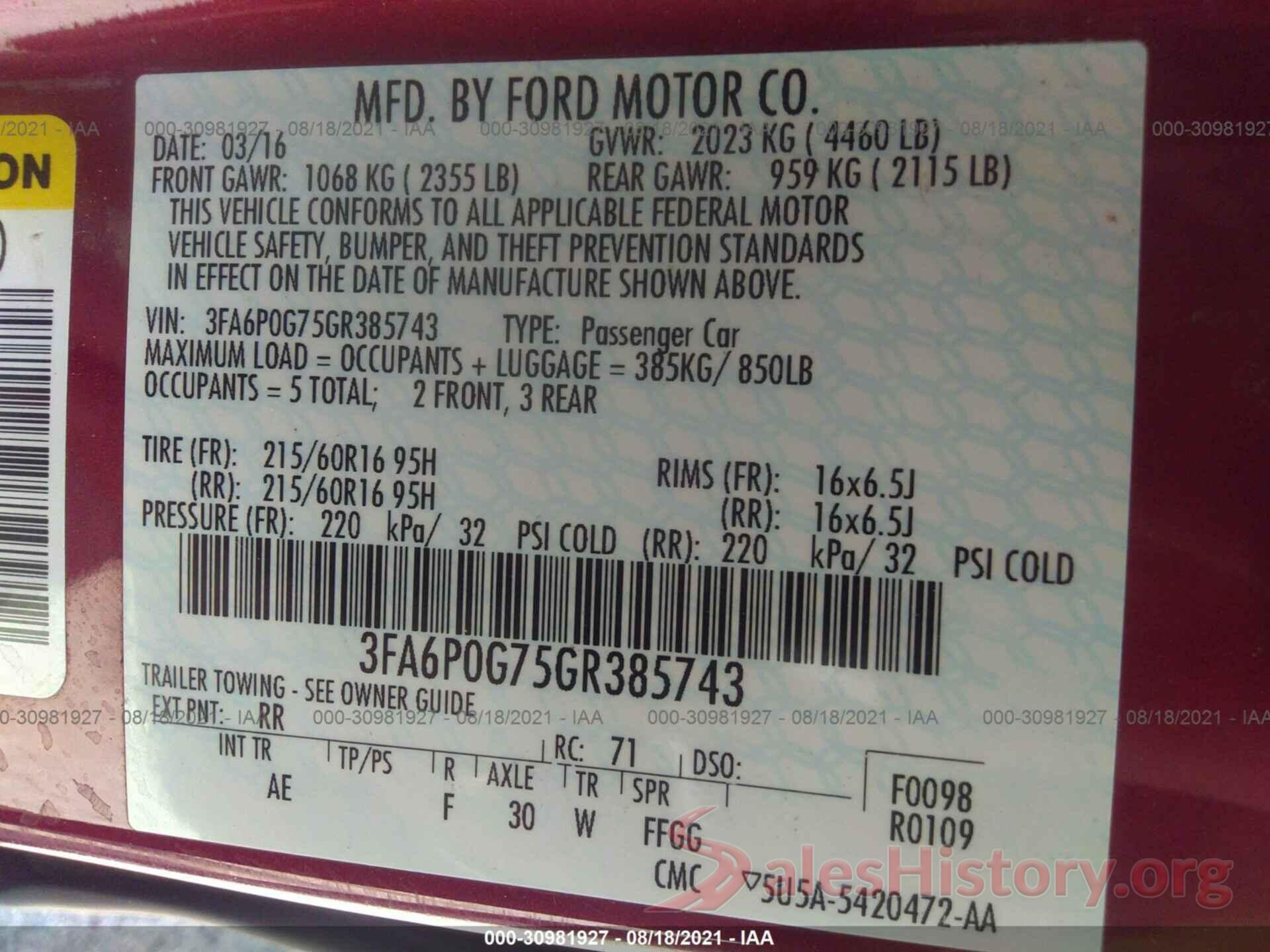 3FA6P0G75GR385743 2016 FORD FUSION