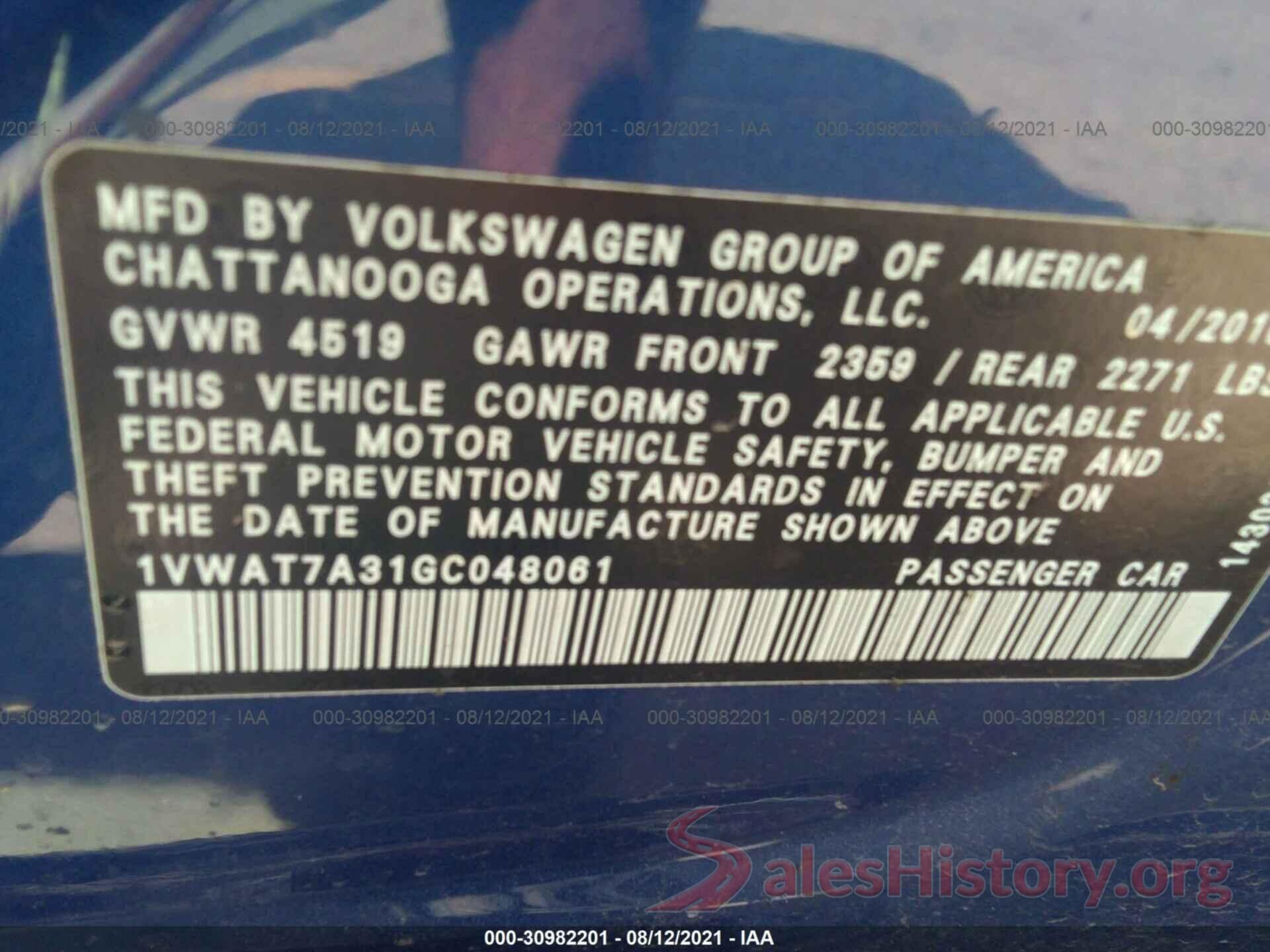 1VWAT7A31GC048061 2016 VOLKSWAGEN PASSAT