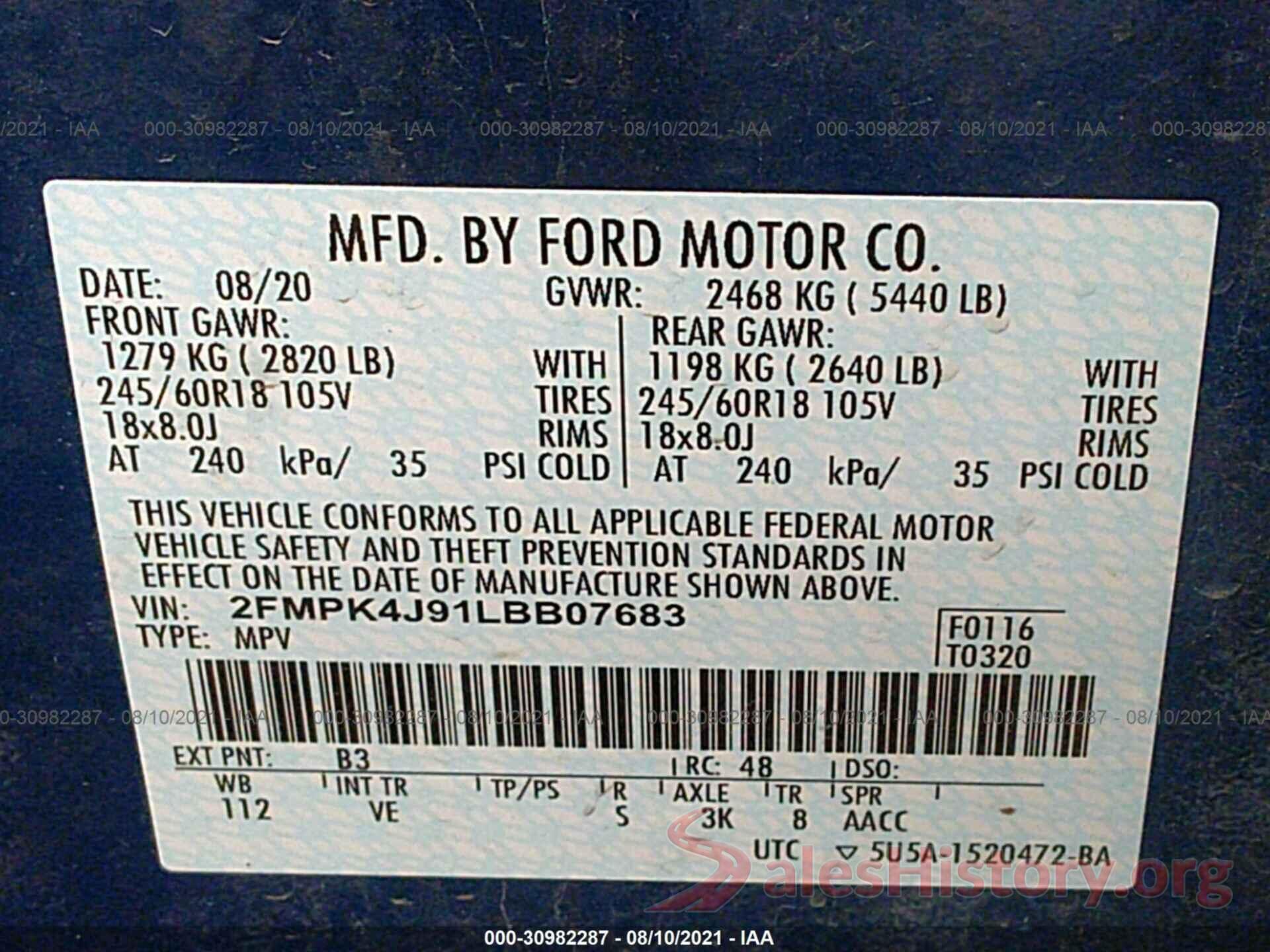 2FMPK4J91LBB07683 2020 FORD EDGE