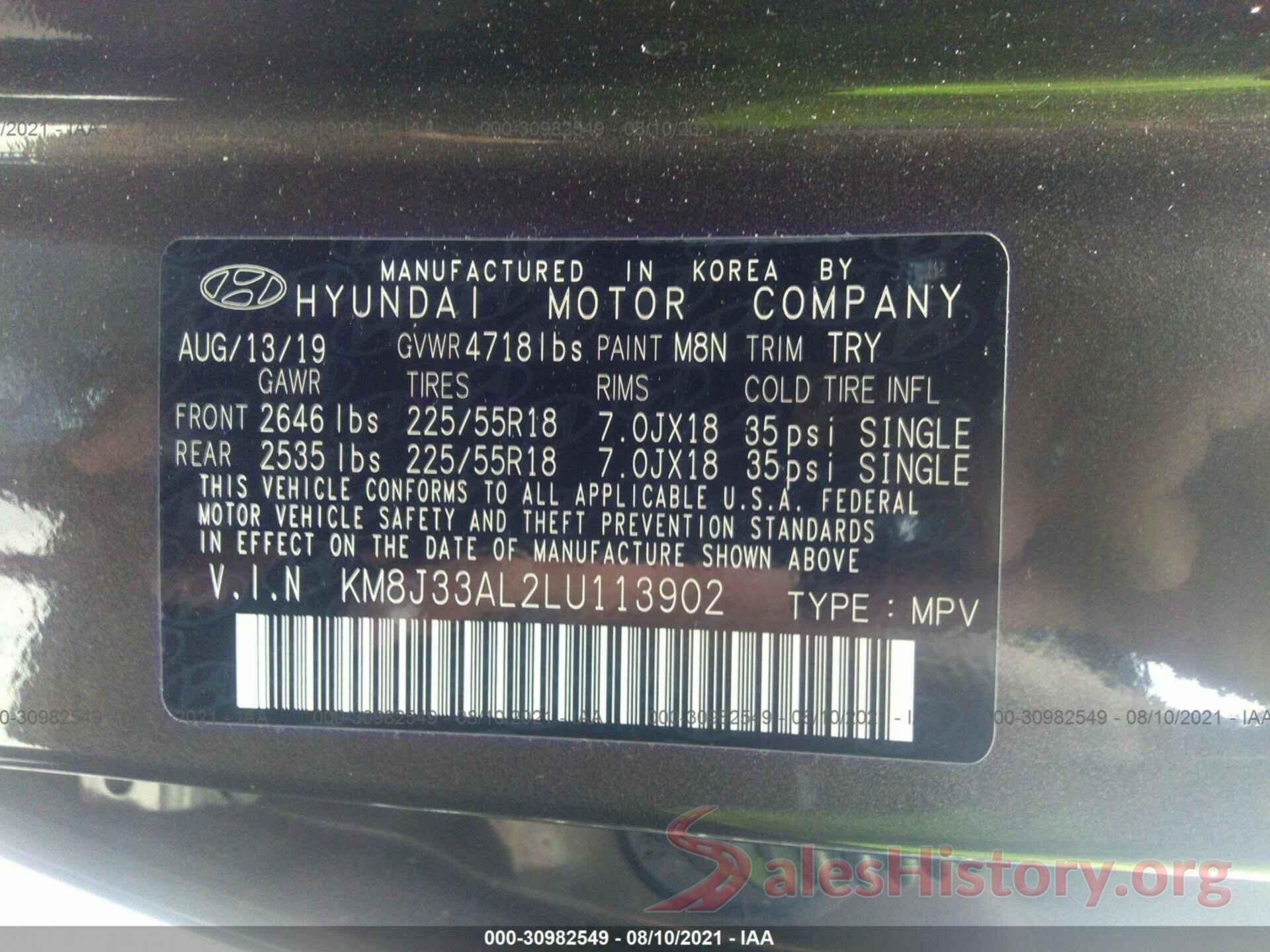 KM8J33AL2LU113902 2020 HYUNDAI TUCSON