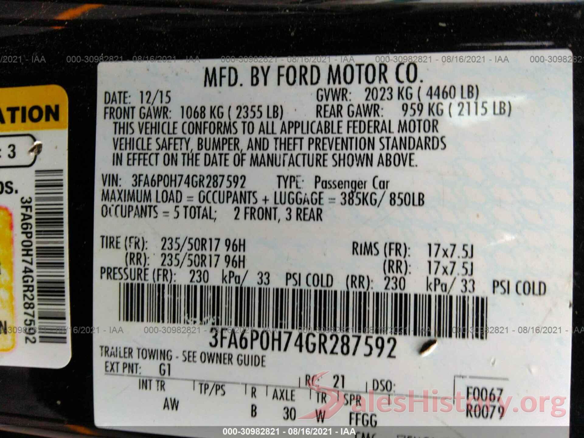 3FA6P0H74GR287592 2016 FORD FUSION