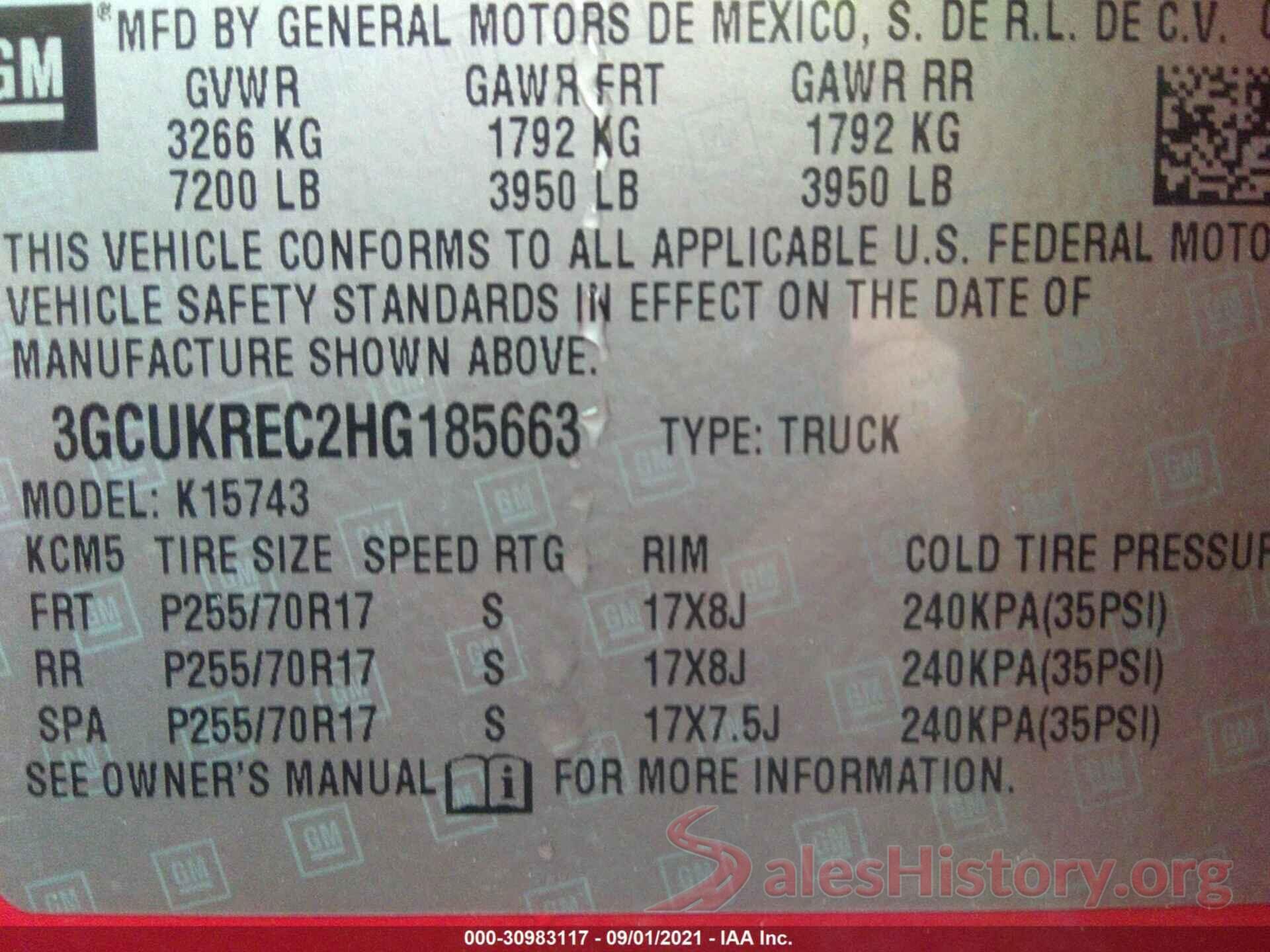 3GCUKREC2HG185663 2017 CHEVROLET SILVERADO 1500