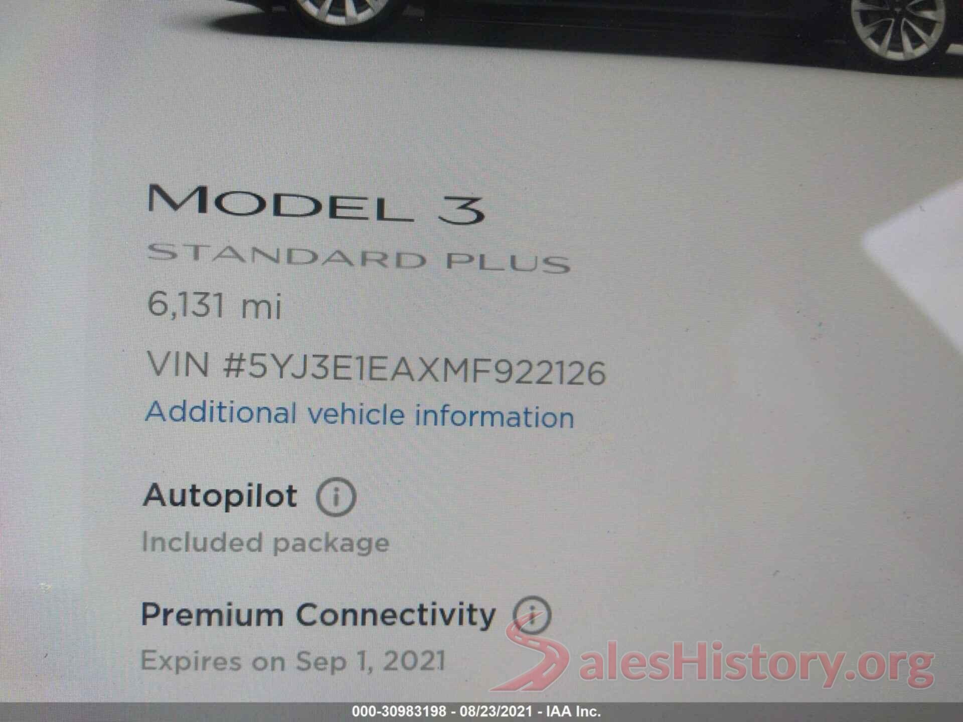 5YJ3E1EAXMF922126 2021 TESLA MODEL 3