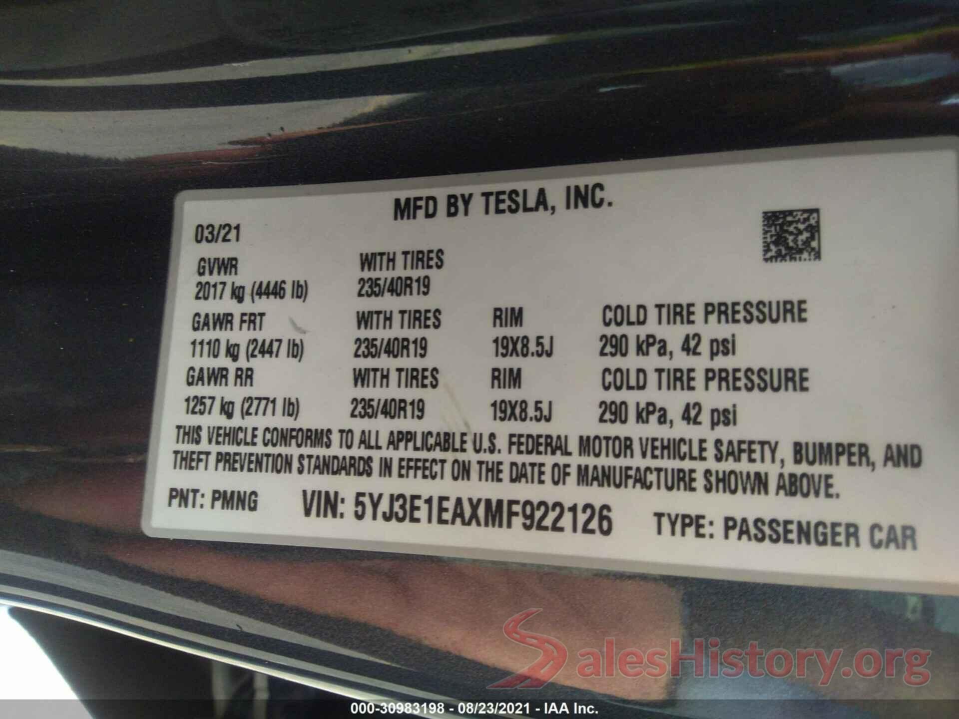 5YJ3E1EAXMF922126 2021 TESLA MODEL 3