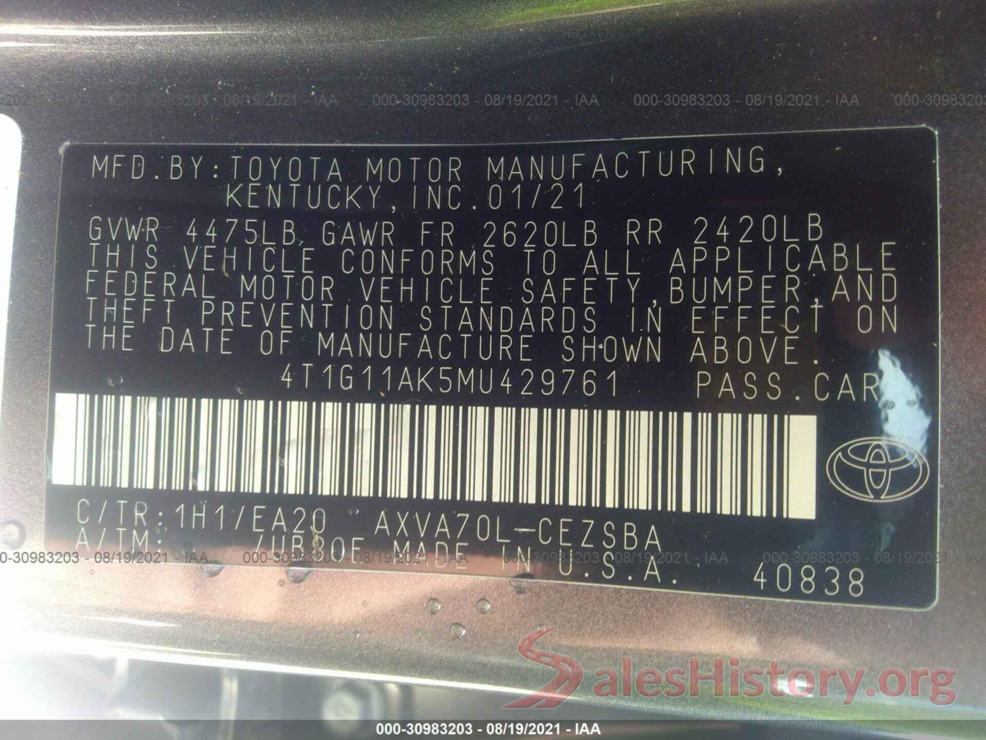 4T1G11AK5MU429761 2021 TOYOTA CAMRY