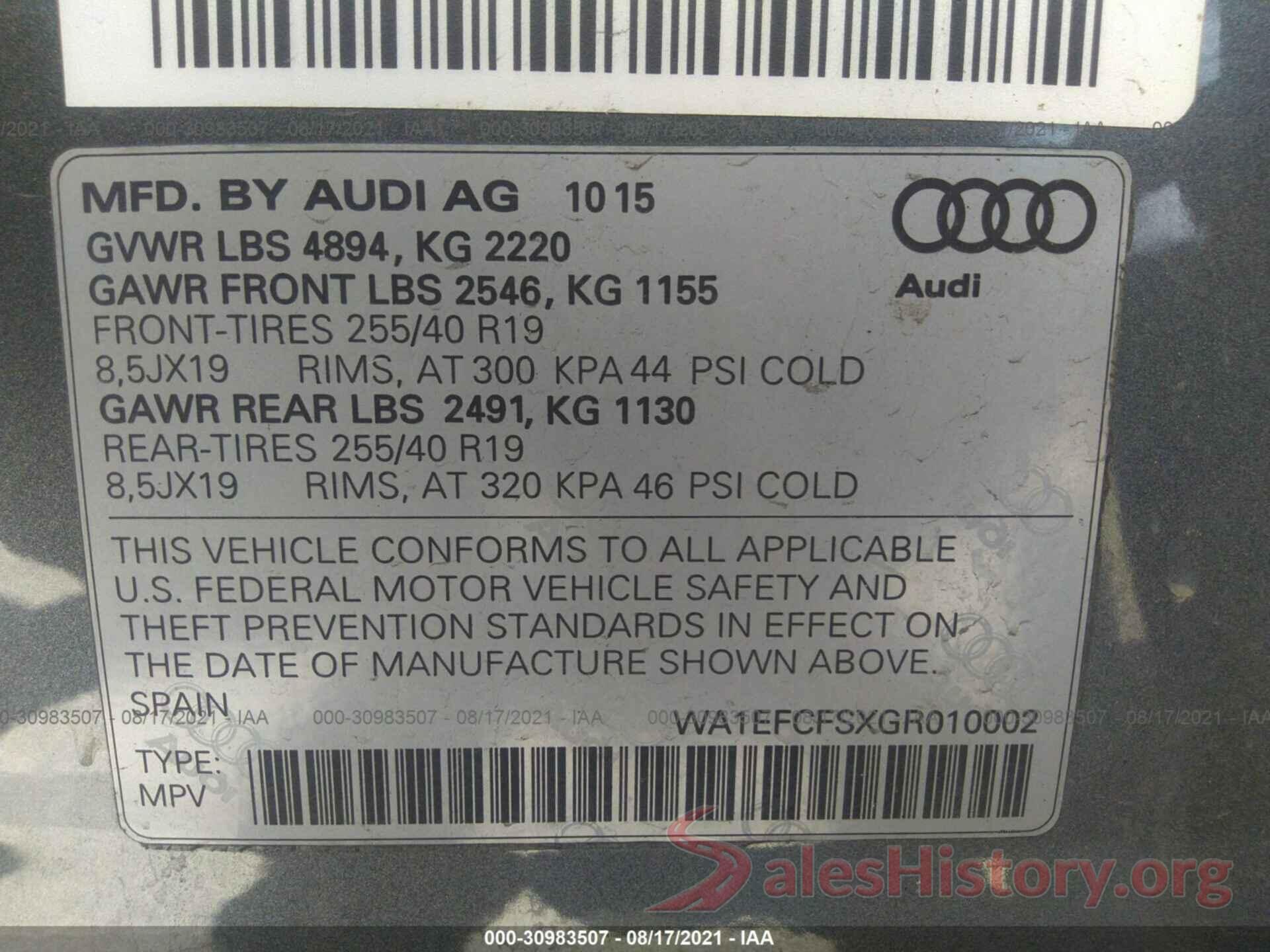 WA1EFCFSXGR010002 2016 AUDI Q3