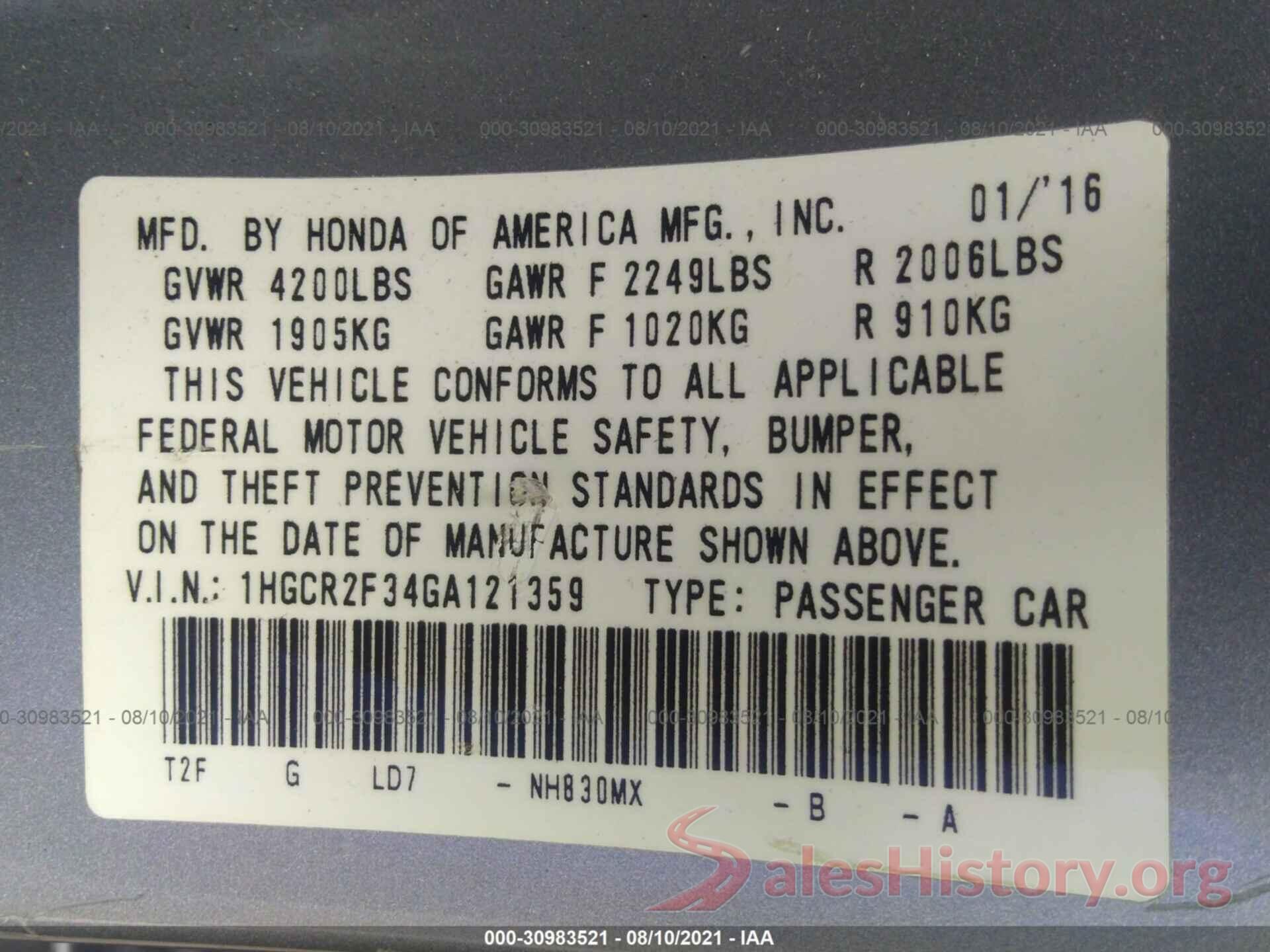 1HGCR2F34GA121359 2016 HONDA ACCORD SEDAN