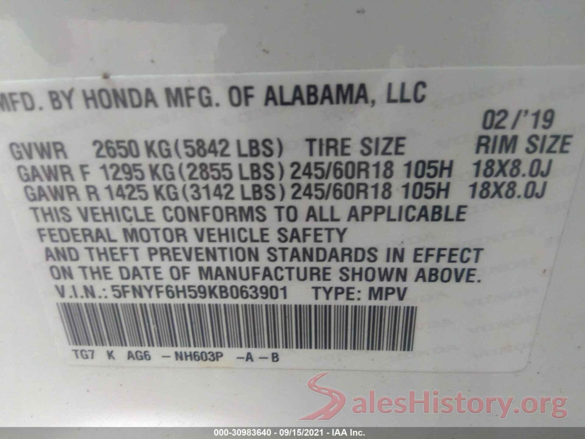 5FNYF6H59KB063901 2019 HONDA PILOT