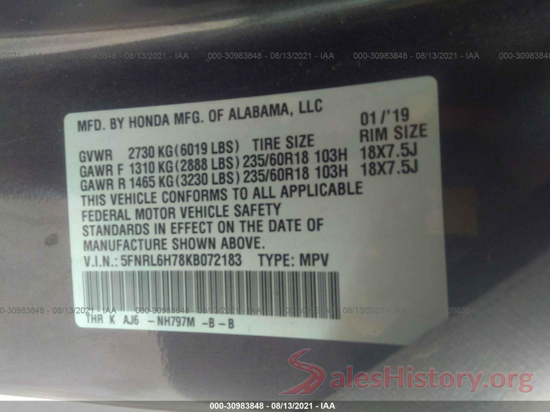 5FNRL6H78KB072183 2019 HONDA ODYSSEY