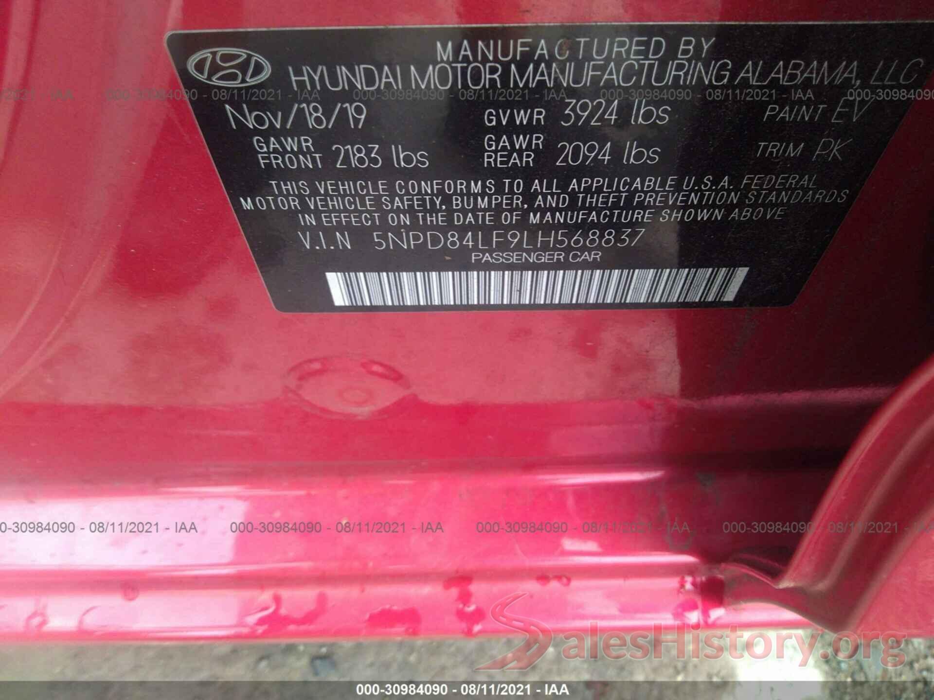 5NPD84LF9LH568837 2020 HYUNDAI ELANTRA