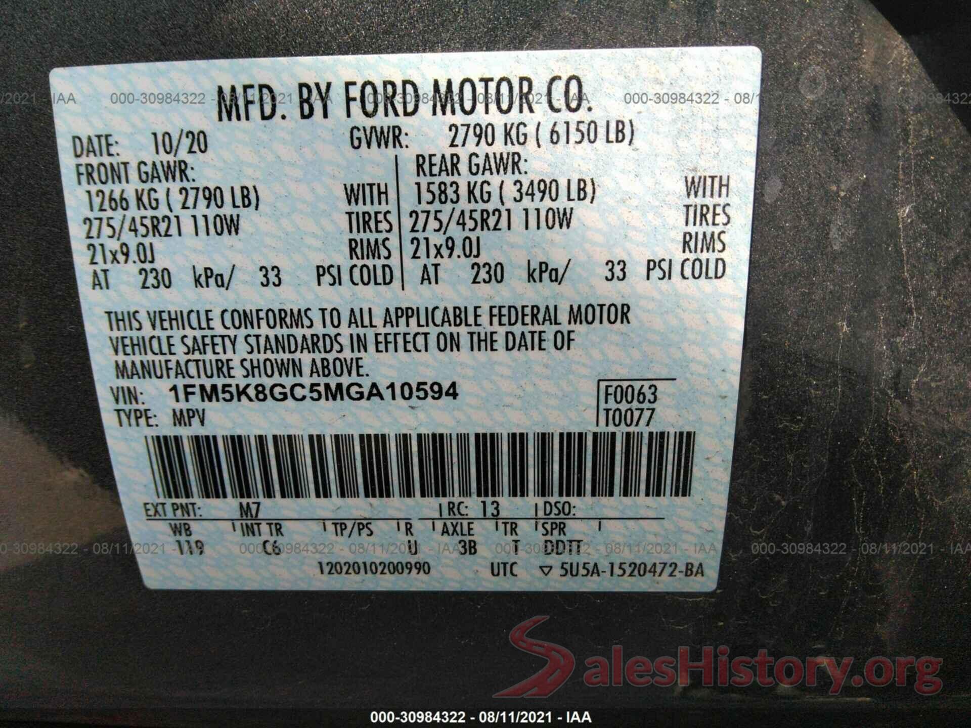 1FM5K8GC5MGA10594 2021 FORD EXPLORER