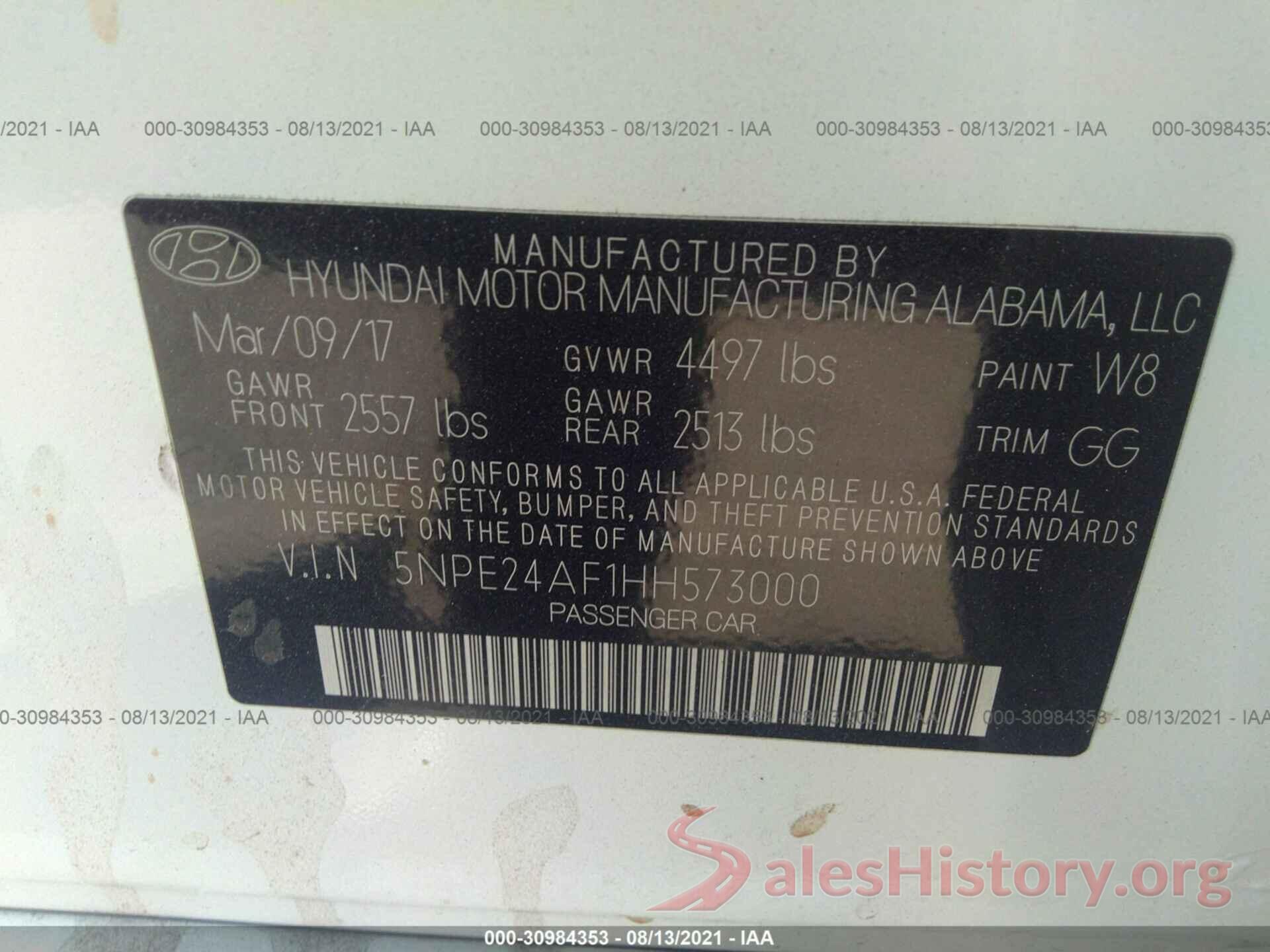 5NPE24AF1HH573000 2017 HYUNDAI SONATA