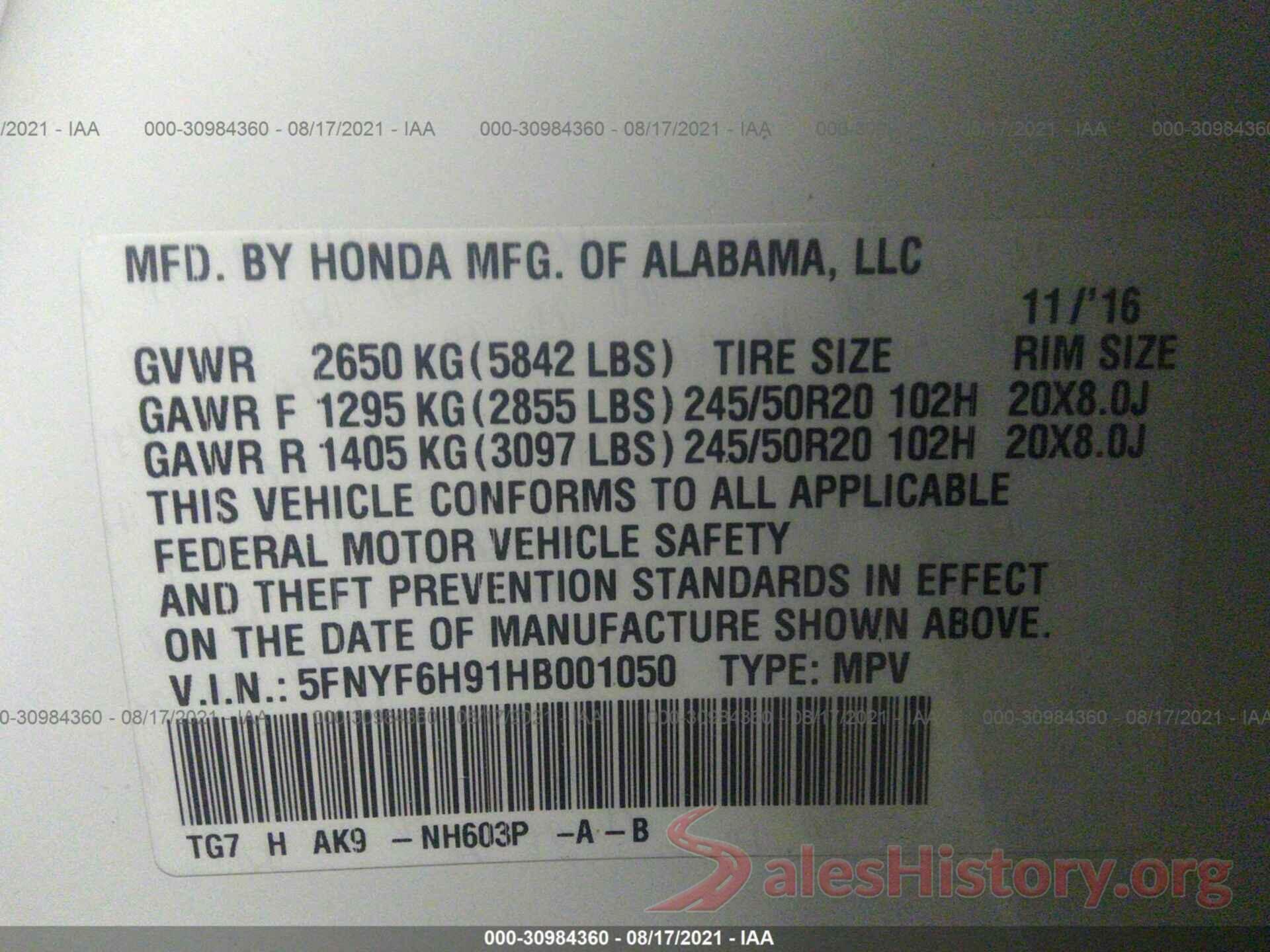 5FNYF6H91HB001050 2017 HONDA PILOT