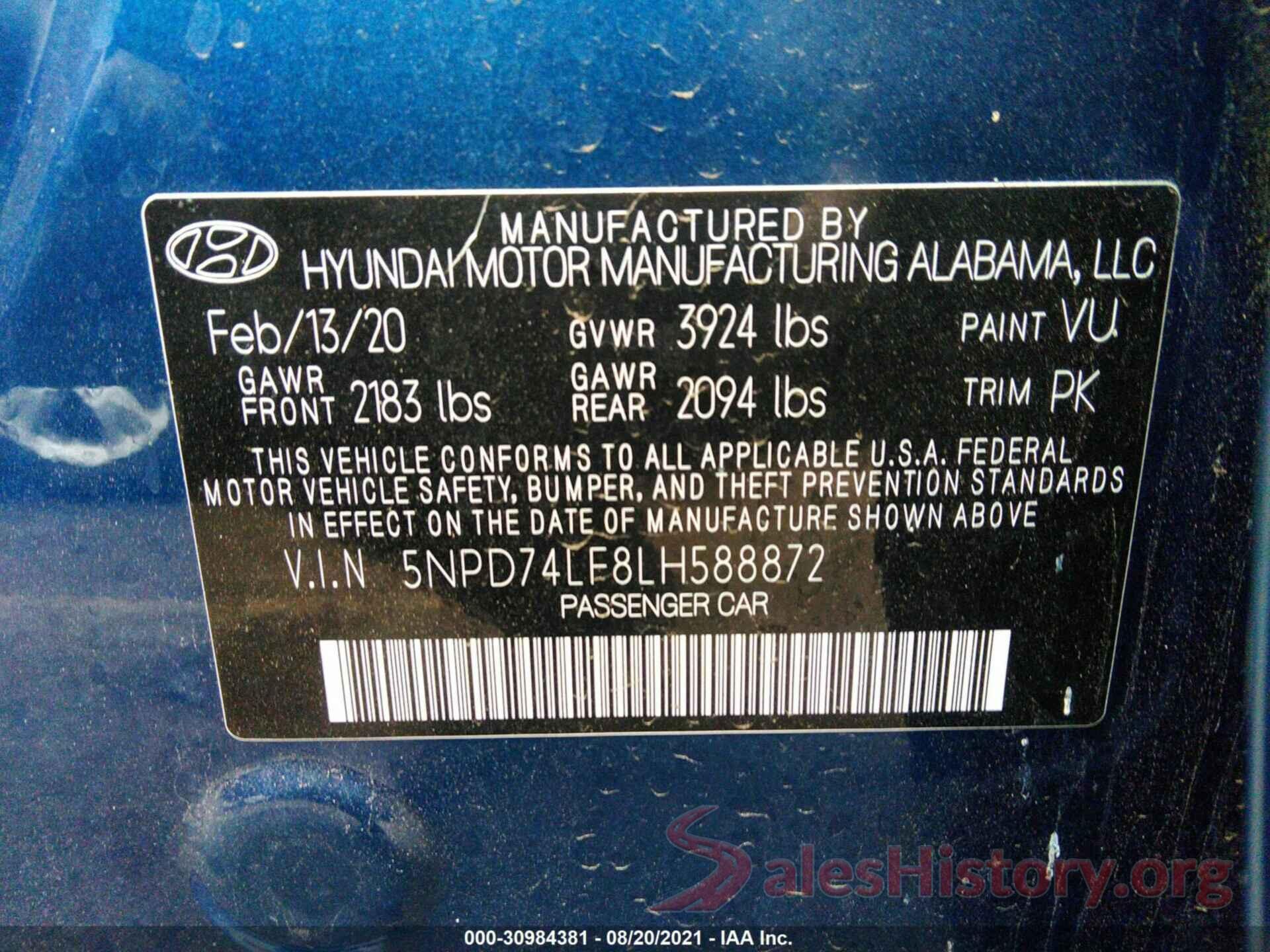 5NPD74LF8LH588872 2020 HYUNDAI ELANTRA