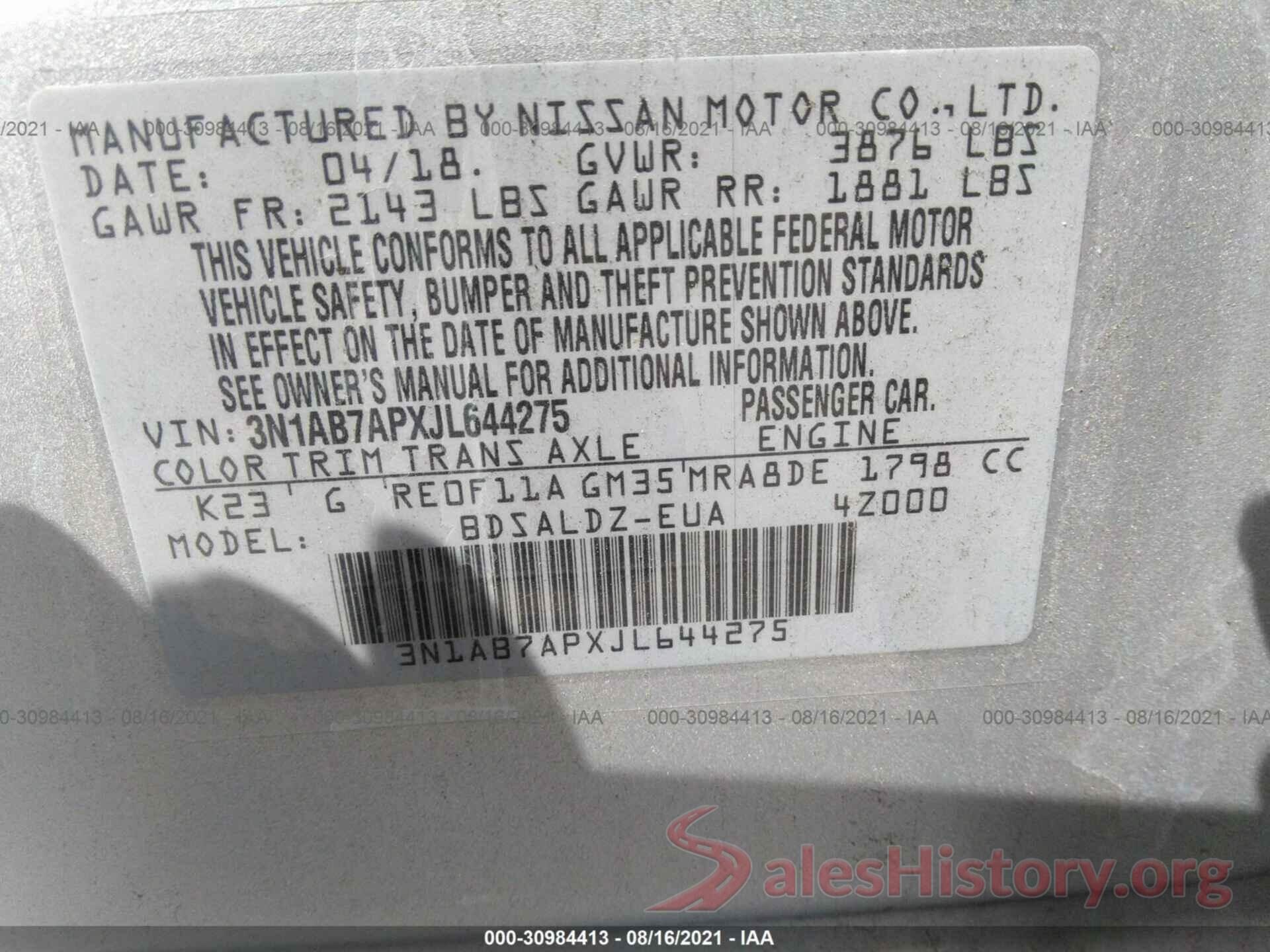 3N1AB7APXJL644275 2018 NISSAN SENTRA