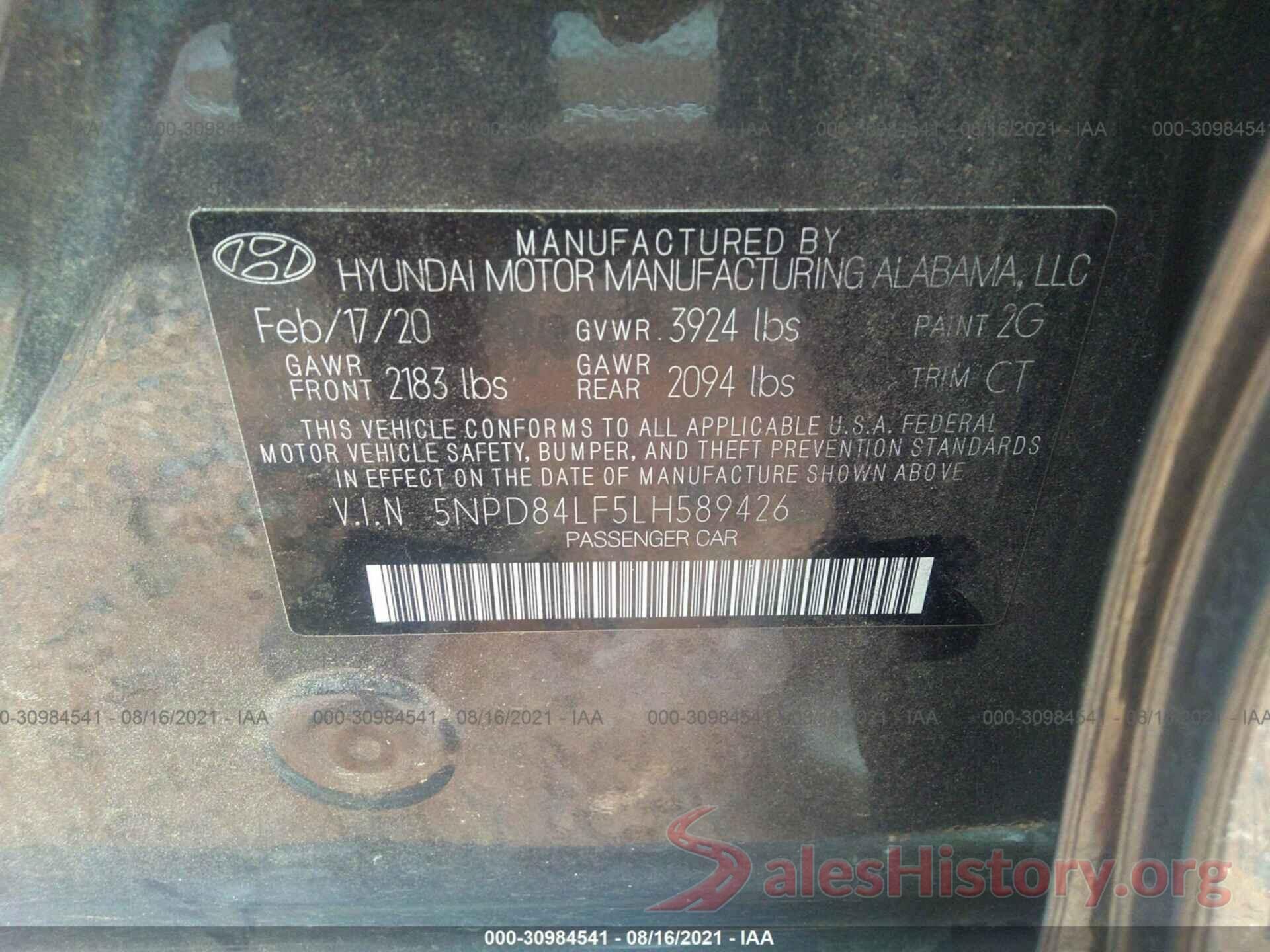 5NPD84LF5LH589426 2020 HYUNDAI ELANTRA