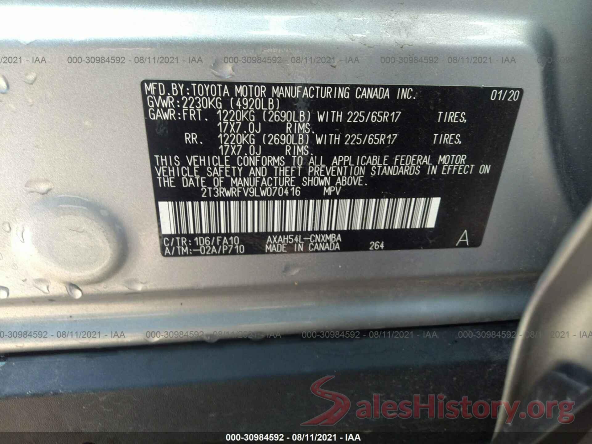 2T3RWRFV9LW070416 2020 TOYOTA RAV4