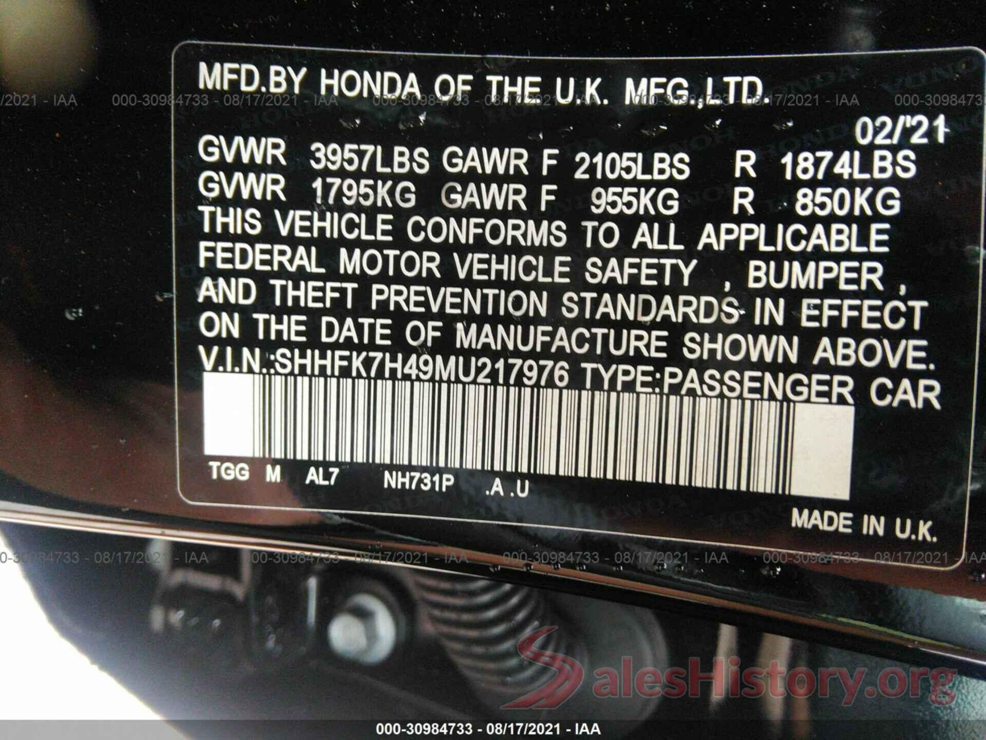 SHHFK7H49MU217976 2021 HONDA CIVIC HATCHBACK