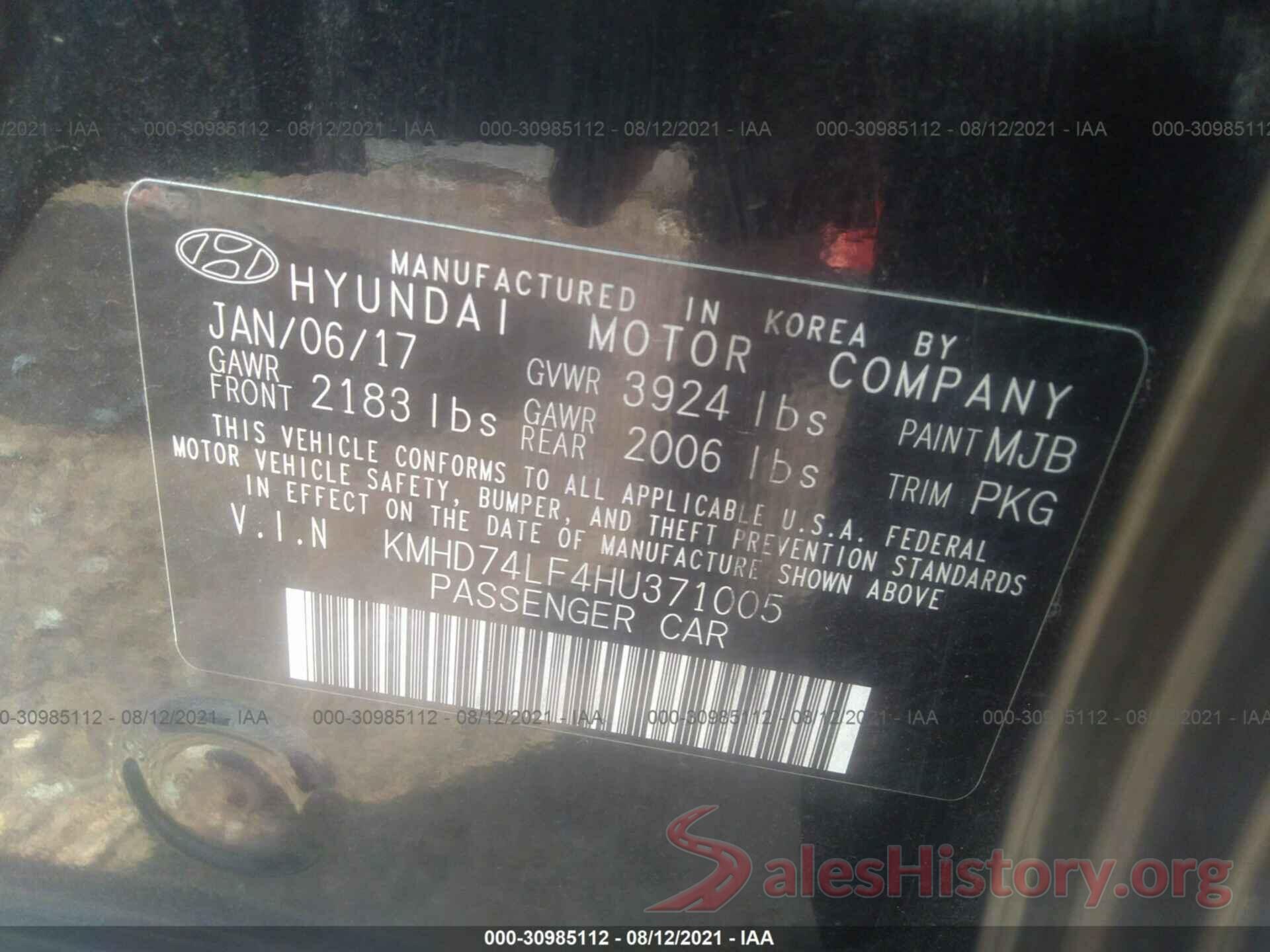 KMHD74LF4HU371005 2017 HYUNDAI ELANTRA