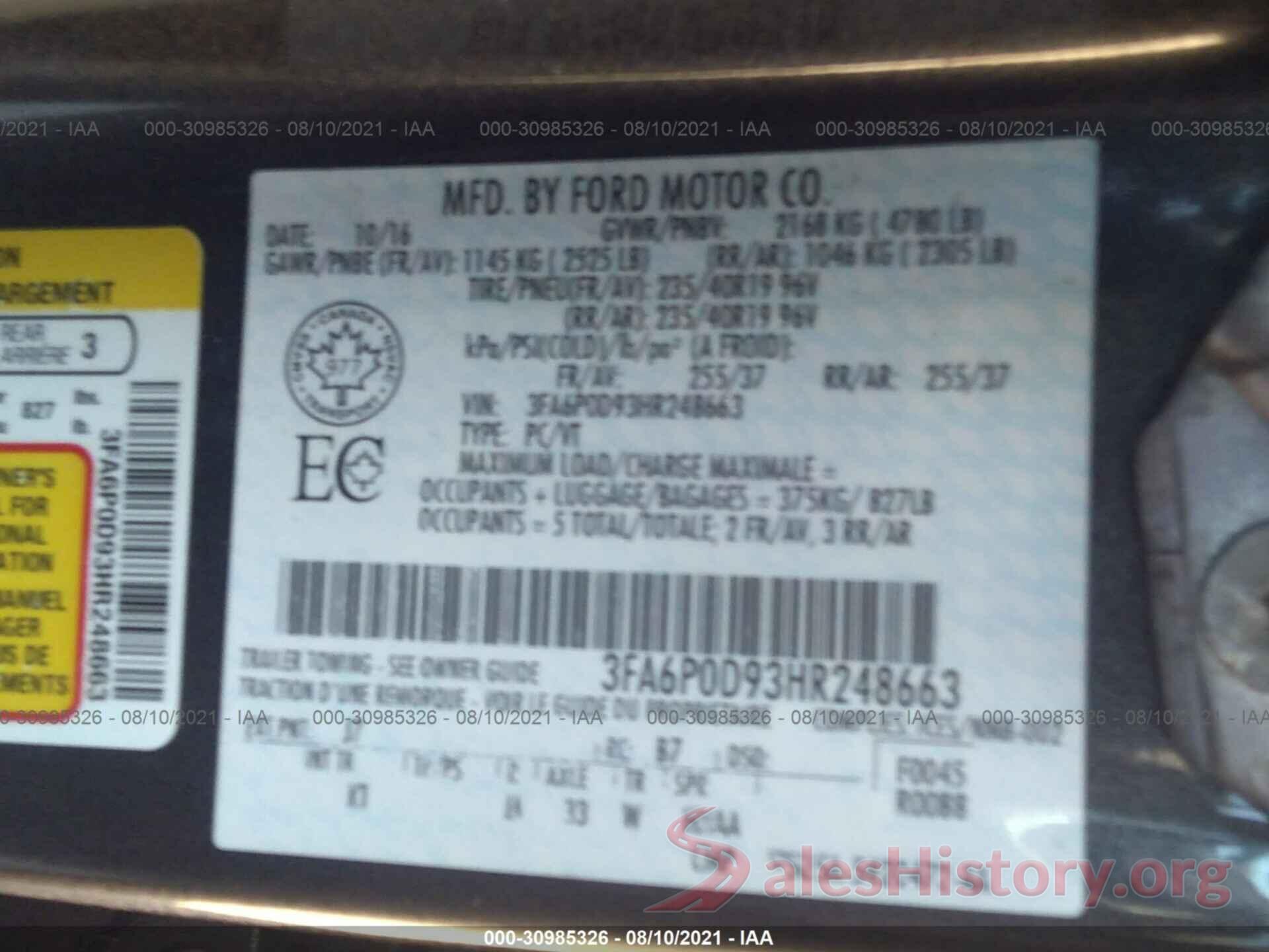 3FA6P0D93HR248663 2017 FORD FUSION