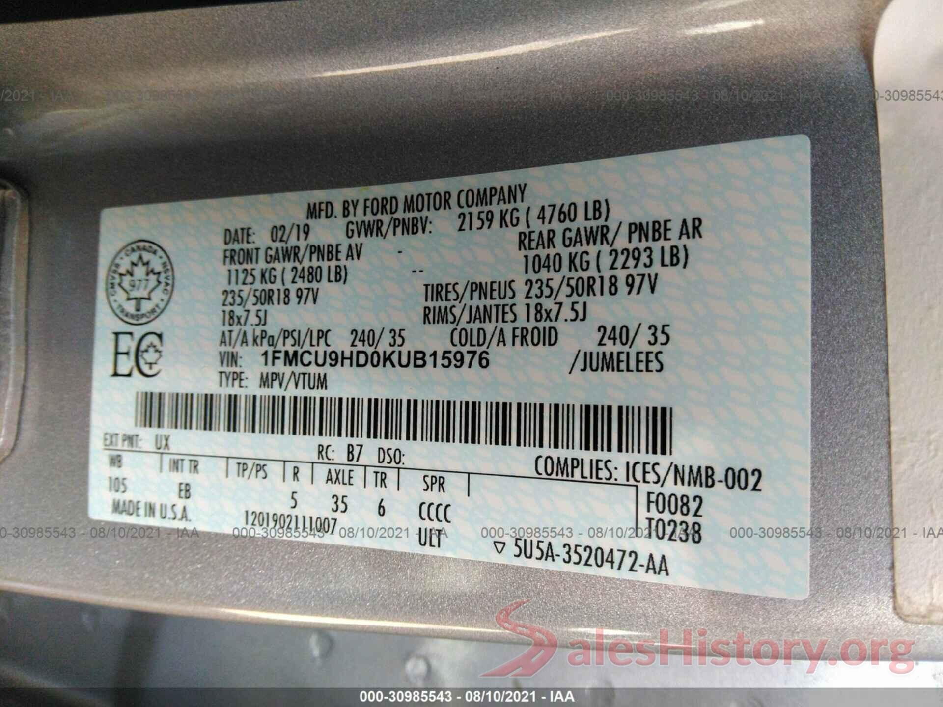 1FMCU9HD0KUB15976 2019 FORD ESCAPE