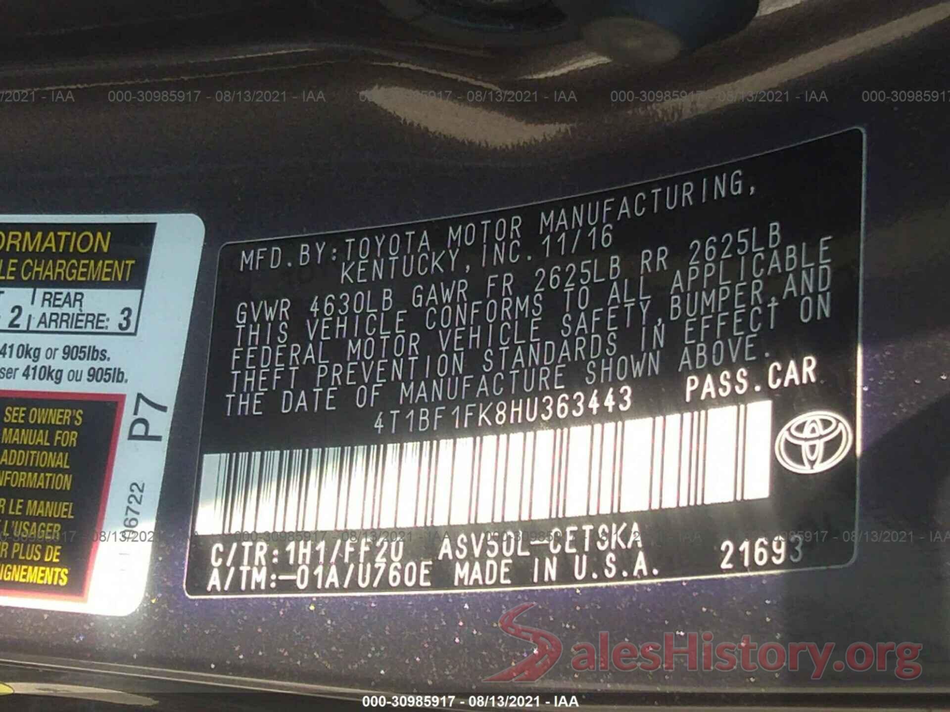 4T1BF1FK8HU363443 2017 TOYOTA CAMRY