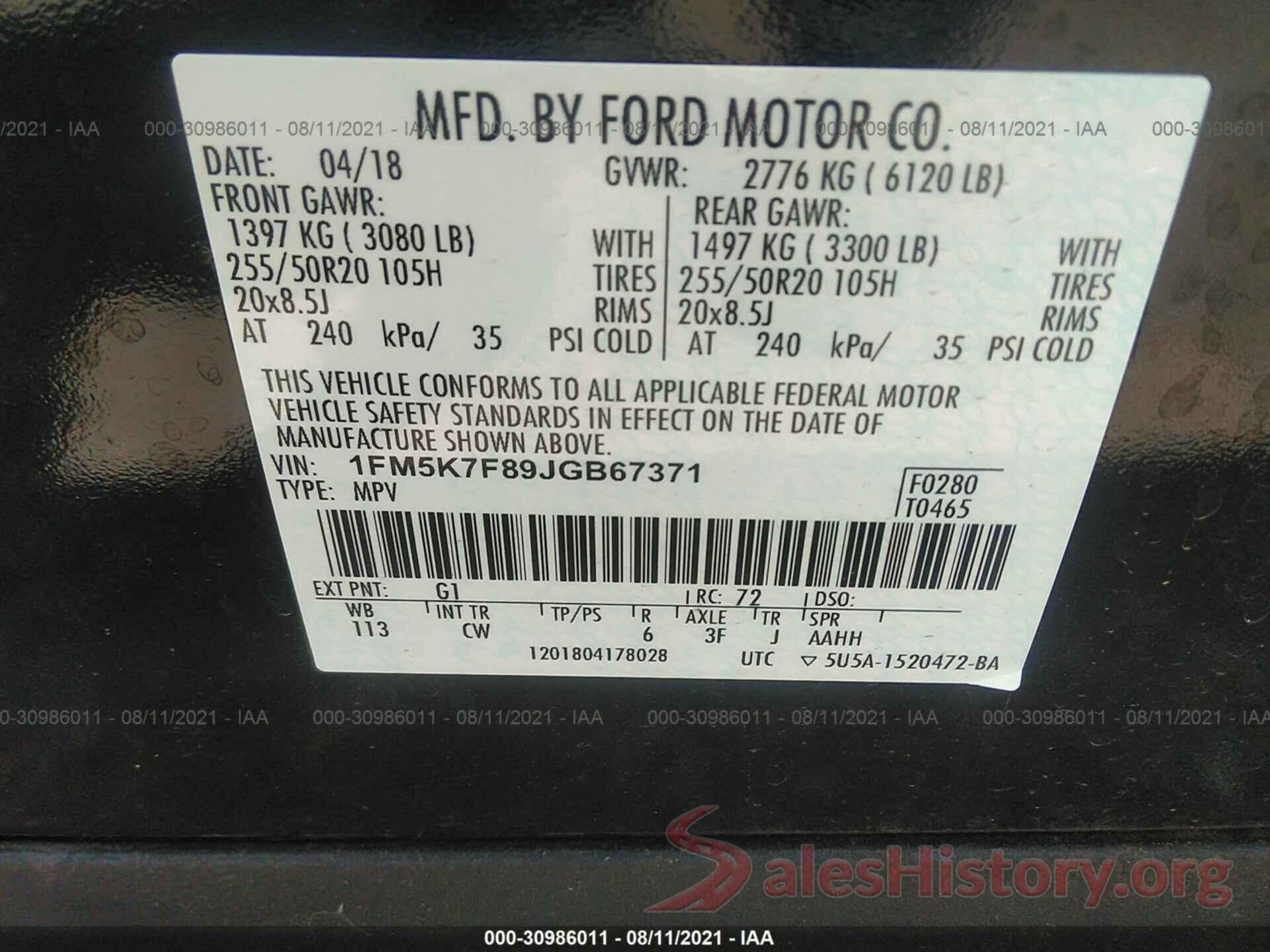 1FM5K7F89JGB67371 2018 FORD EXPLORER