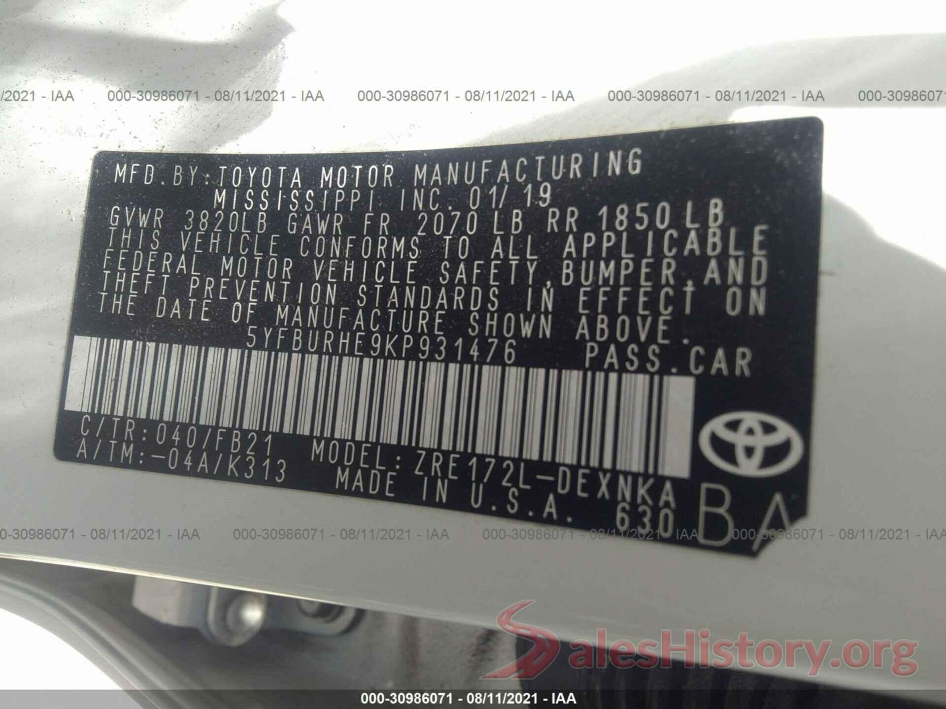 5YFBURHE9KP931476 2019 TOYOTA COROLLA