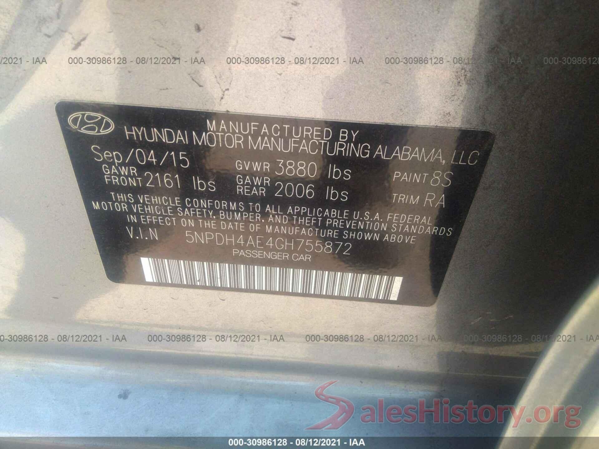 5NPDH4AE4GH755872 2016 HYUNDAI ELANTRA