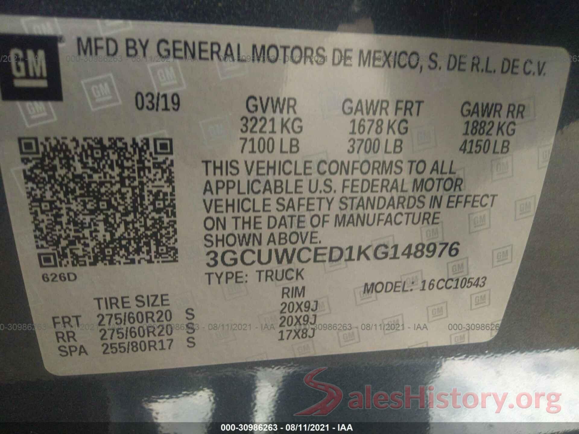 3GCUWCED1KG148976 2019 CHEVROLET SILVERADO 1500