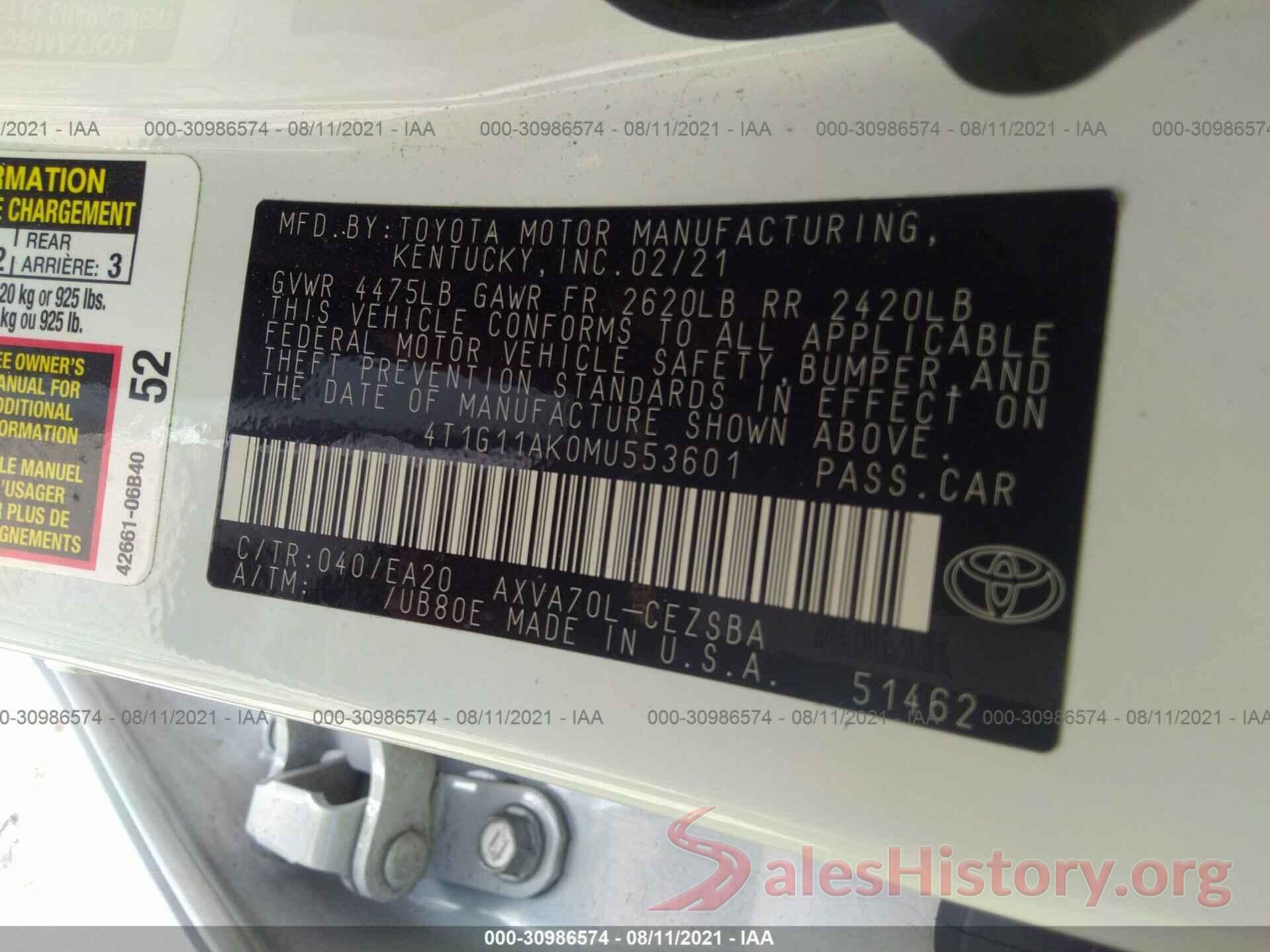 4T1G11AK0MU553601 2021 TOYOTA CAMRY