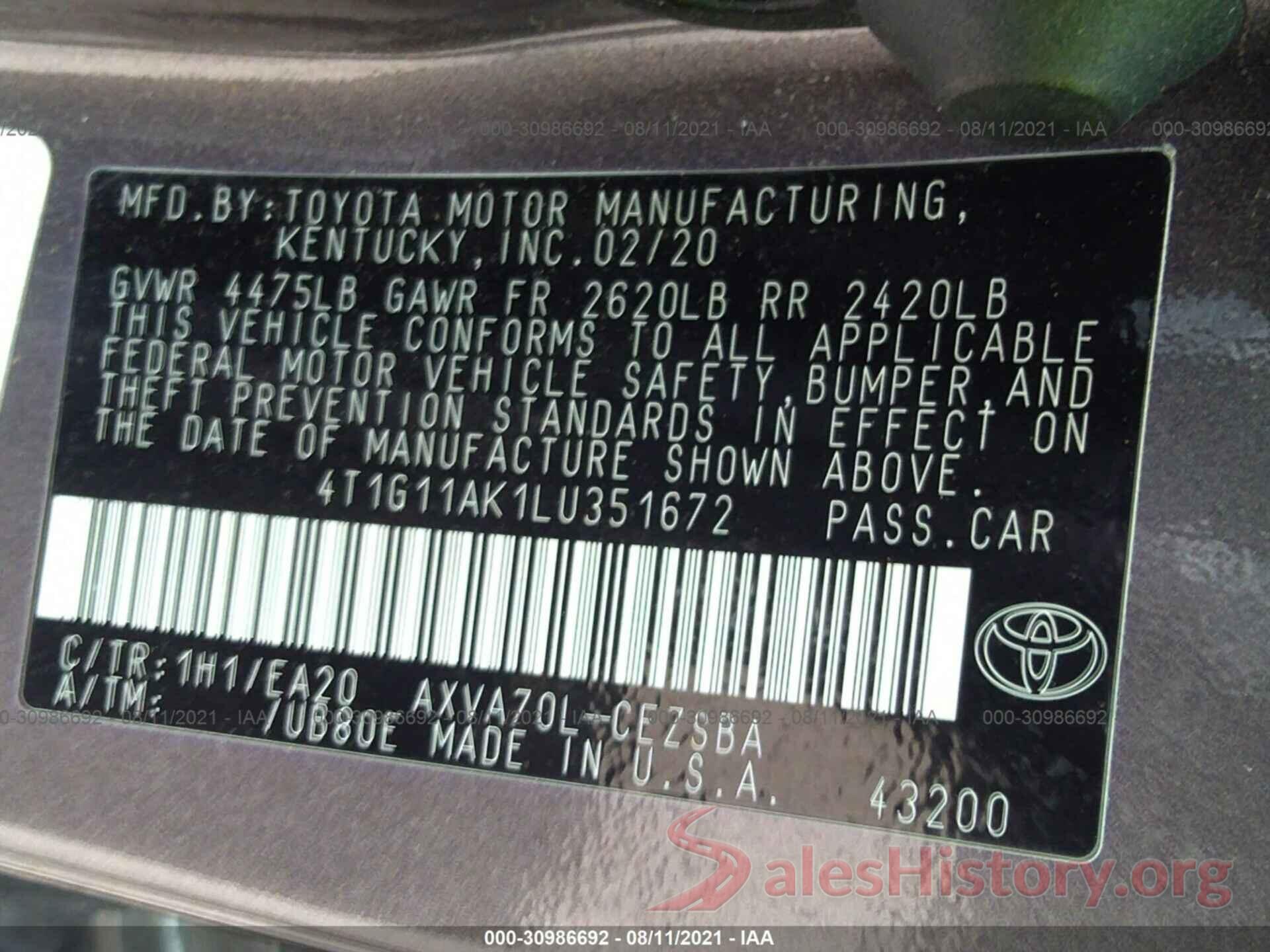 4T1G11AK1LU351672 2020 TOYOTA CAMRY