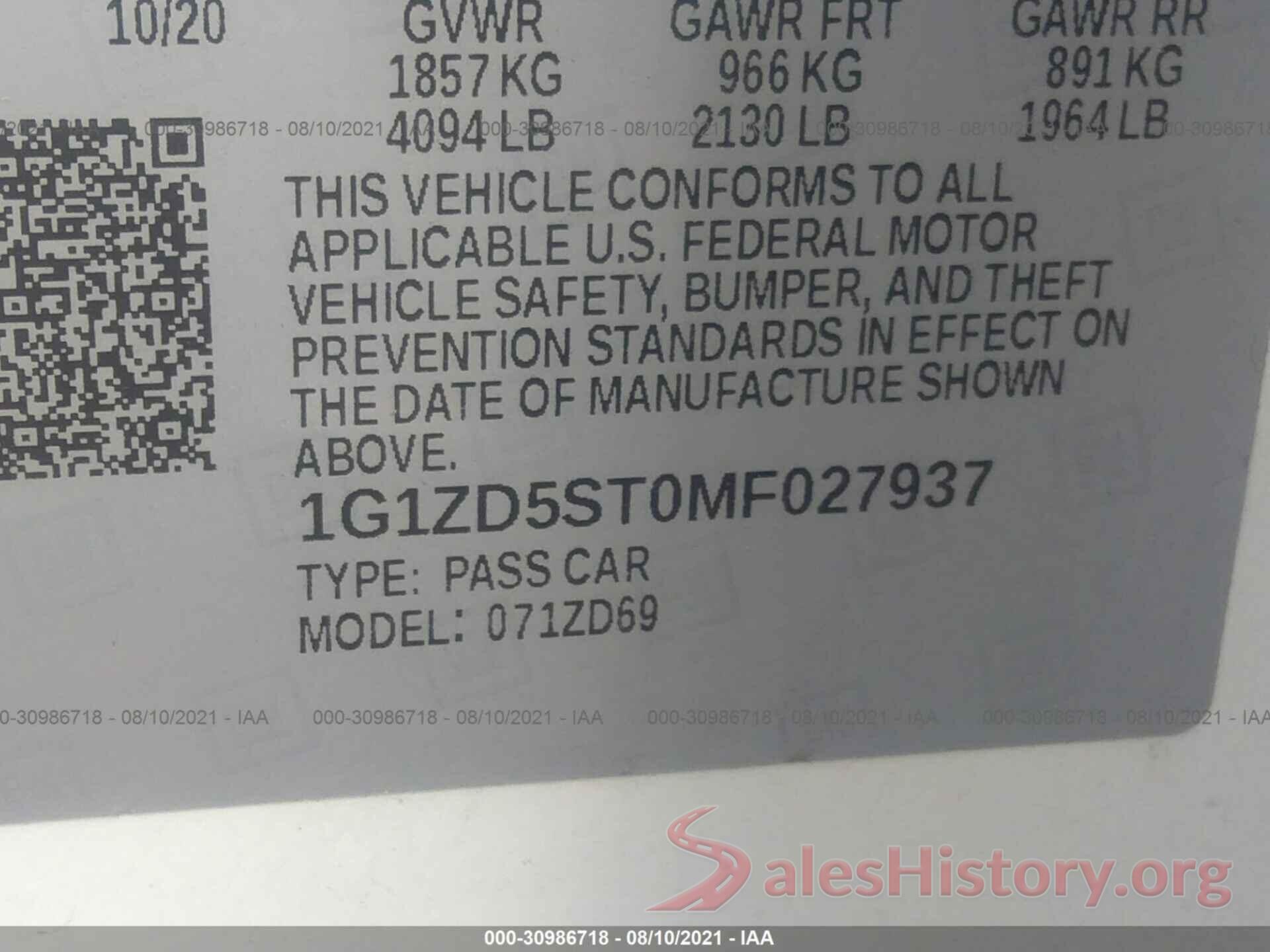 1G1ZD5ST0MF027937 2021 CHEVROLET MALIBU