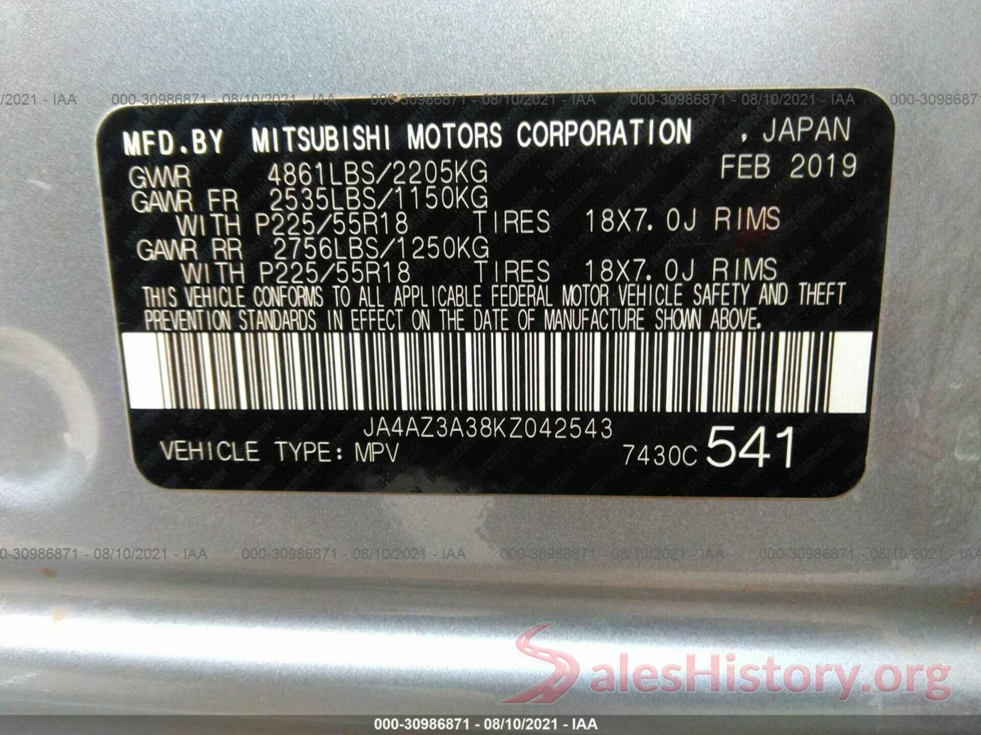 JA4AZ3A38KZ042543 2019 MITSUBISHI OUTLANDER