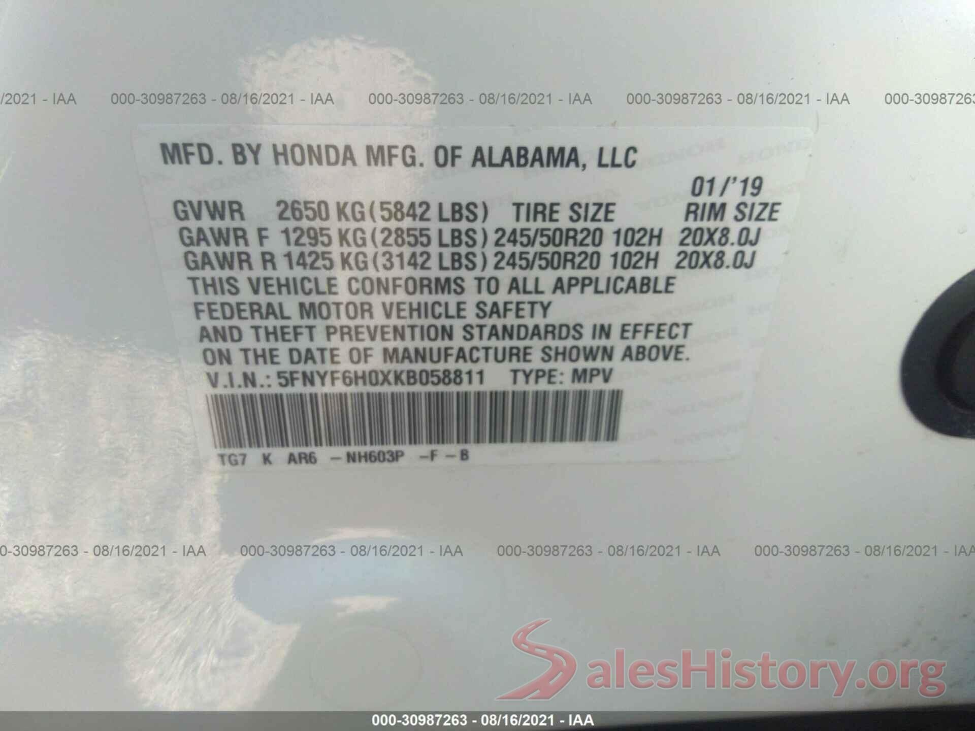 5FNYF6H0XKB058811 2019 HONDA PILOT