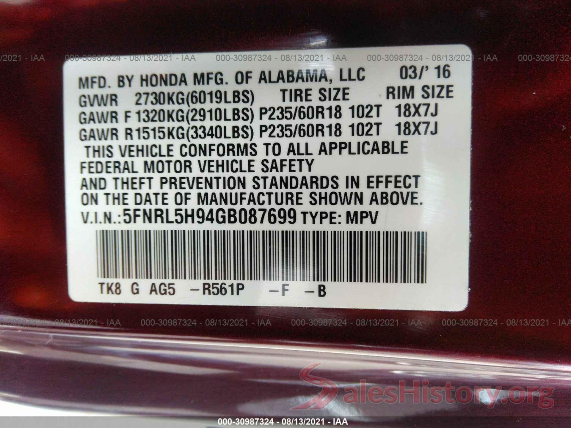 5FNRL5H94GB087699 2016 HONDA ODYSSEY