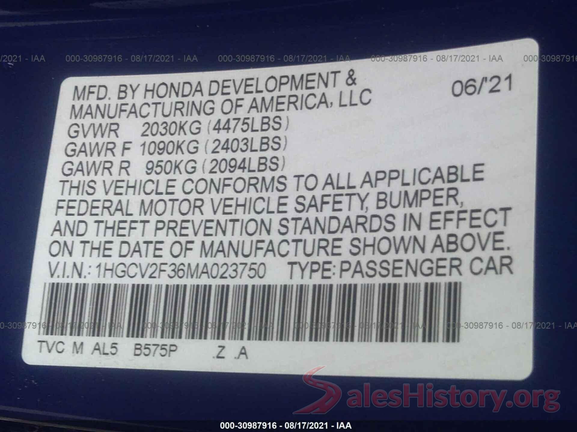 1HGCV2F36MA023750 2021 HONDA ACCORD SEDAN