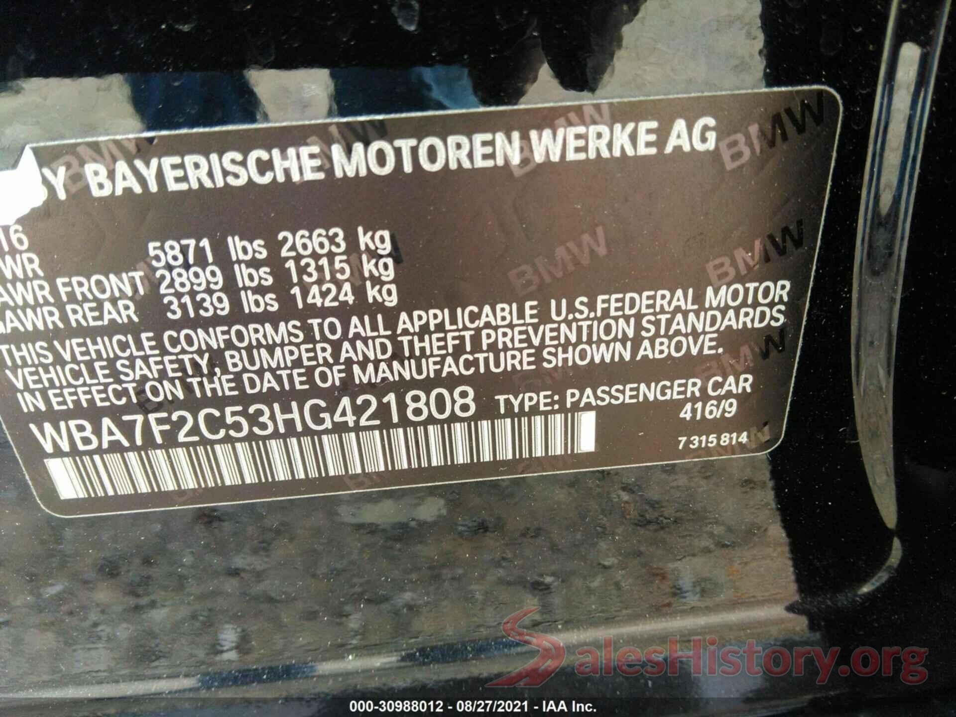 WBA7F2C53HG421808 2017 BMW 7 SERIES