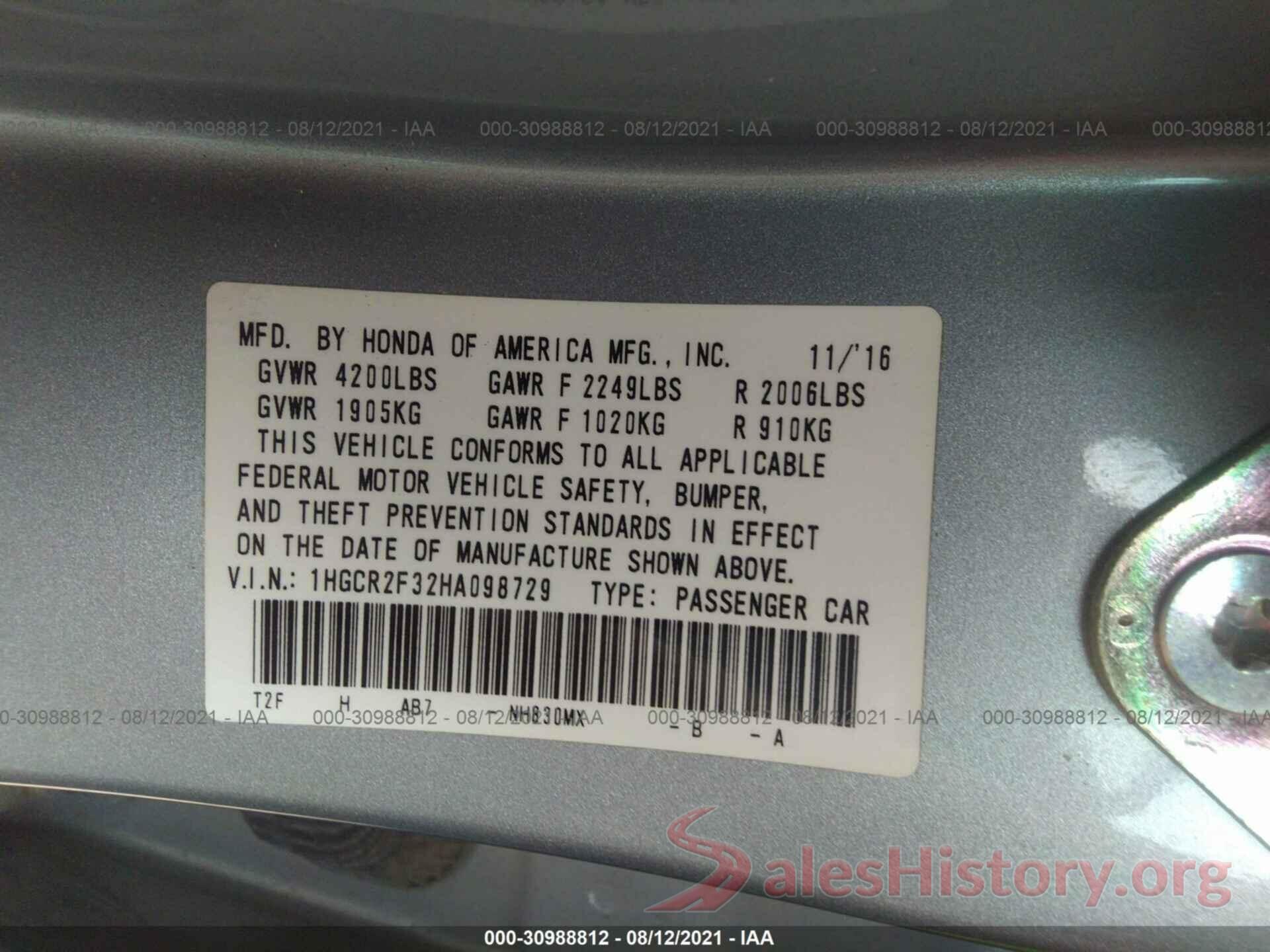 1HGCR2F32HA098729 2017 HONDA ACCORD SEDAN