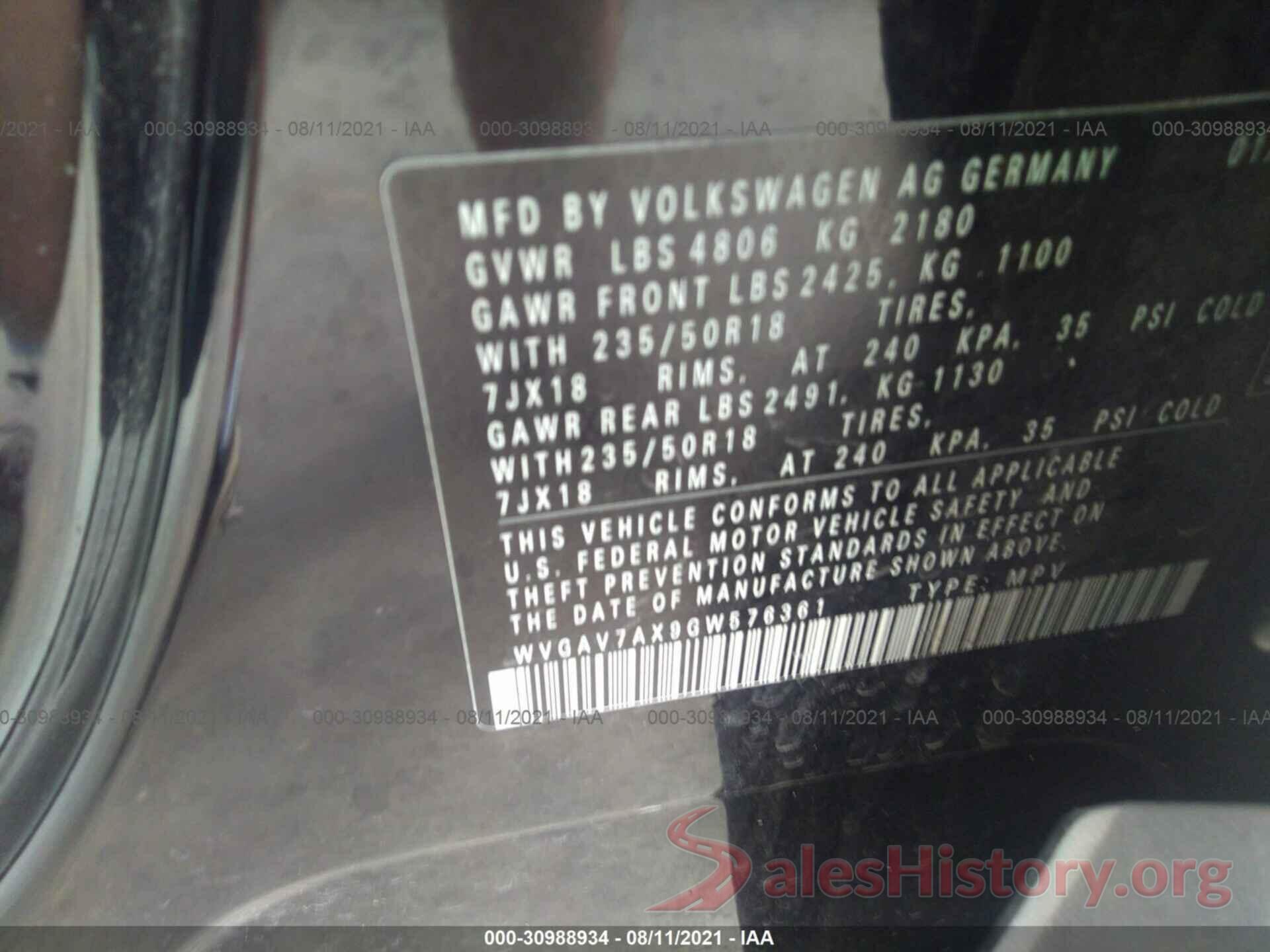 WVGAV7AX9GW576361 2016 VOLKSWAGEN TIGUAN