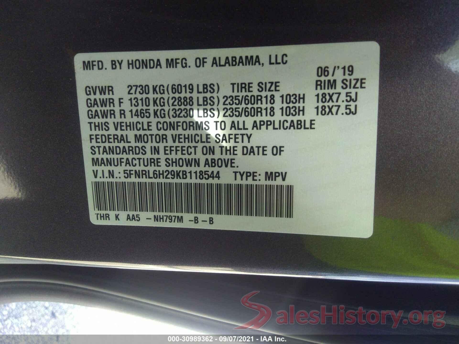 5FNRL6H29KB118544 2019 HONDA ODYSSEY