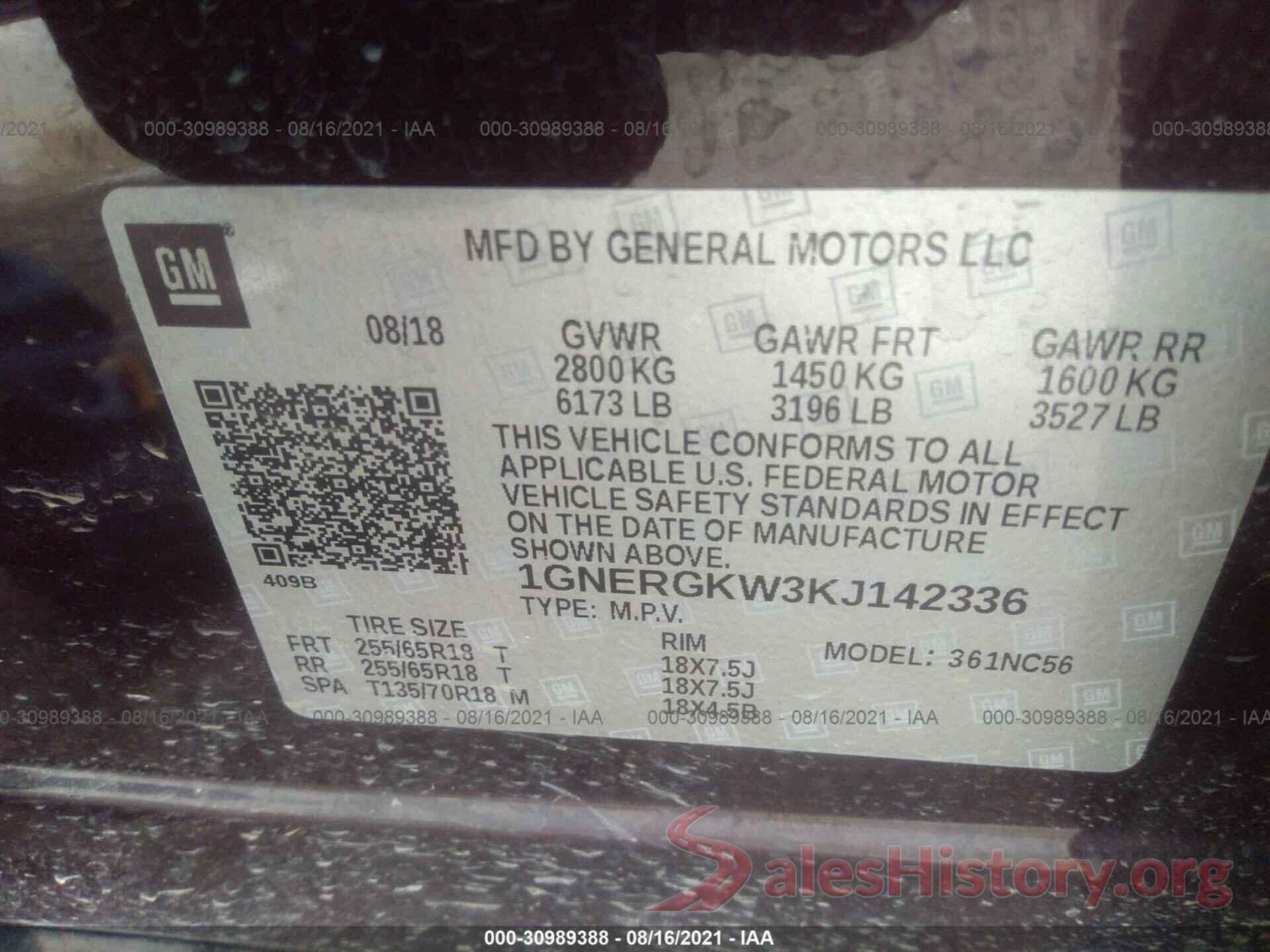 1GNERGKW3KJ142336 2019 CHEVROLET TRAVERSE